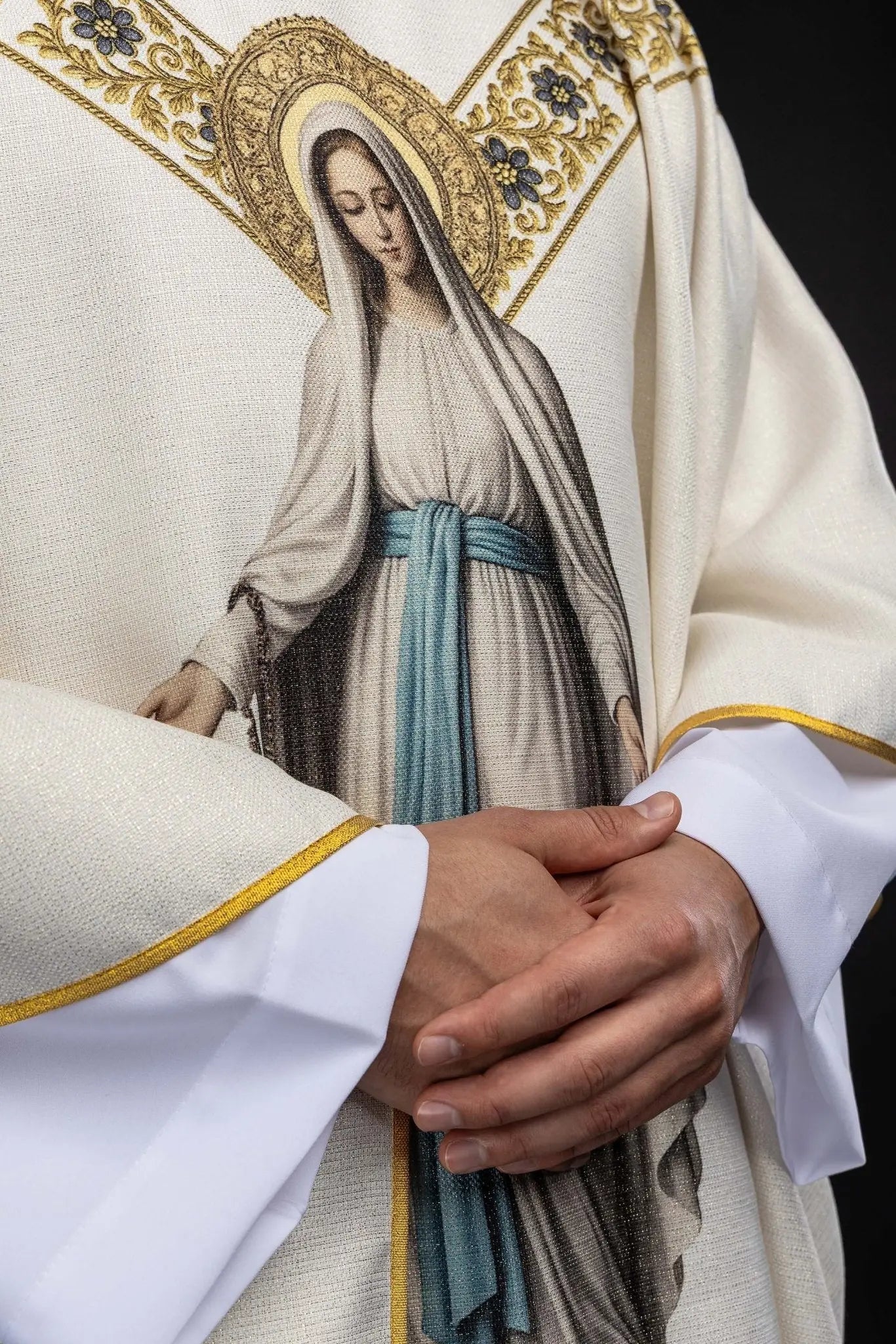 Ecru Chasuble with Printed Image of Our Lady of Lourdes - HAFTINA ATELIER