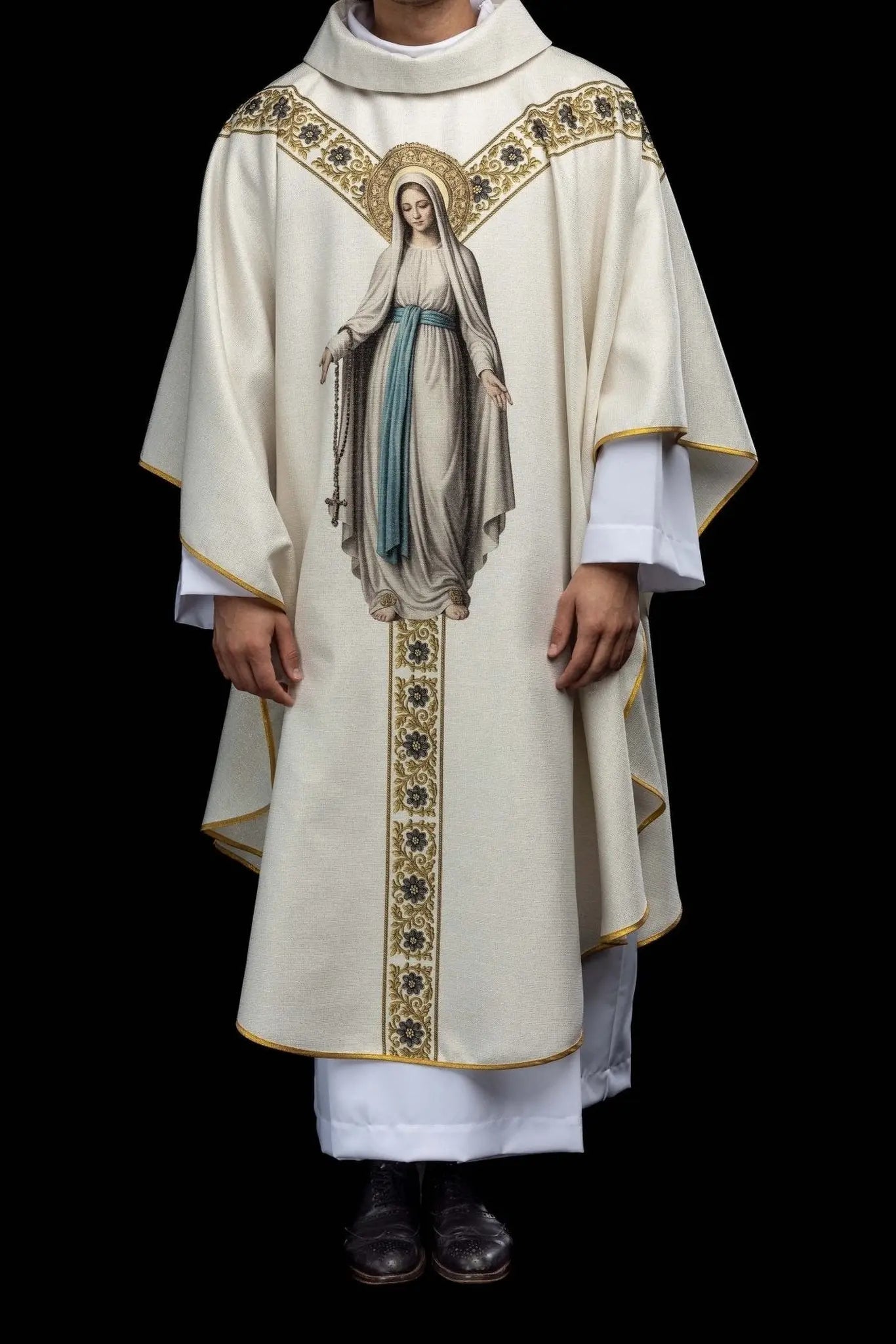 Ecru Chasuble with Printed Image of Our Lady of Lourdes - HAFTINA ATELIER