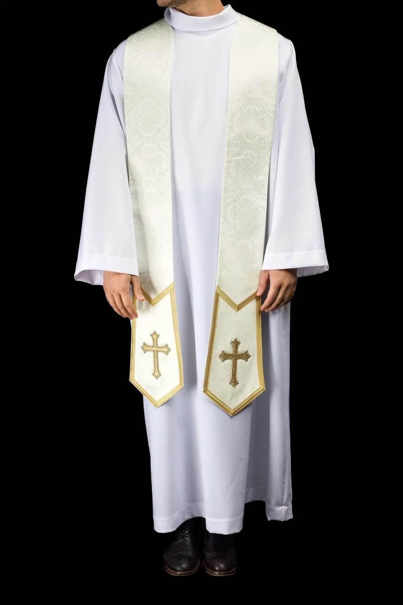 Ecru Jacquard Stole with Embroidered Cross - HAFTINA ATELIER