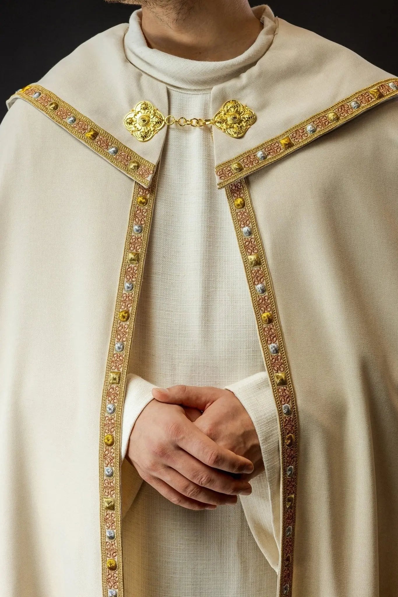 Ecru liturgical cape with gold IHS