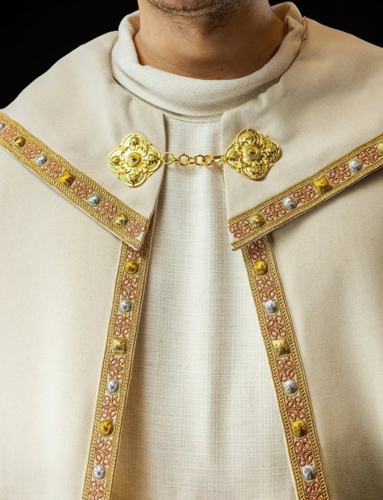 Ecru liturgical cape with gold IHS