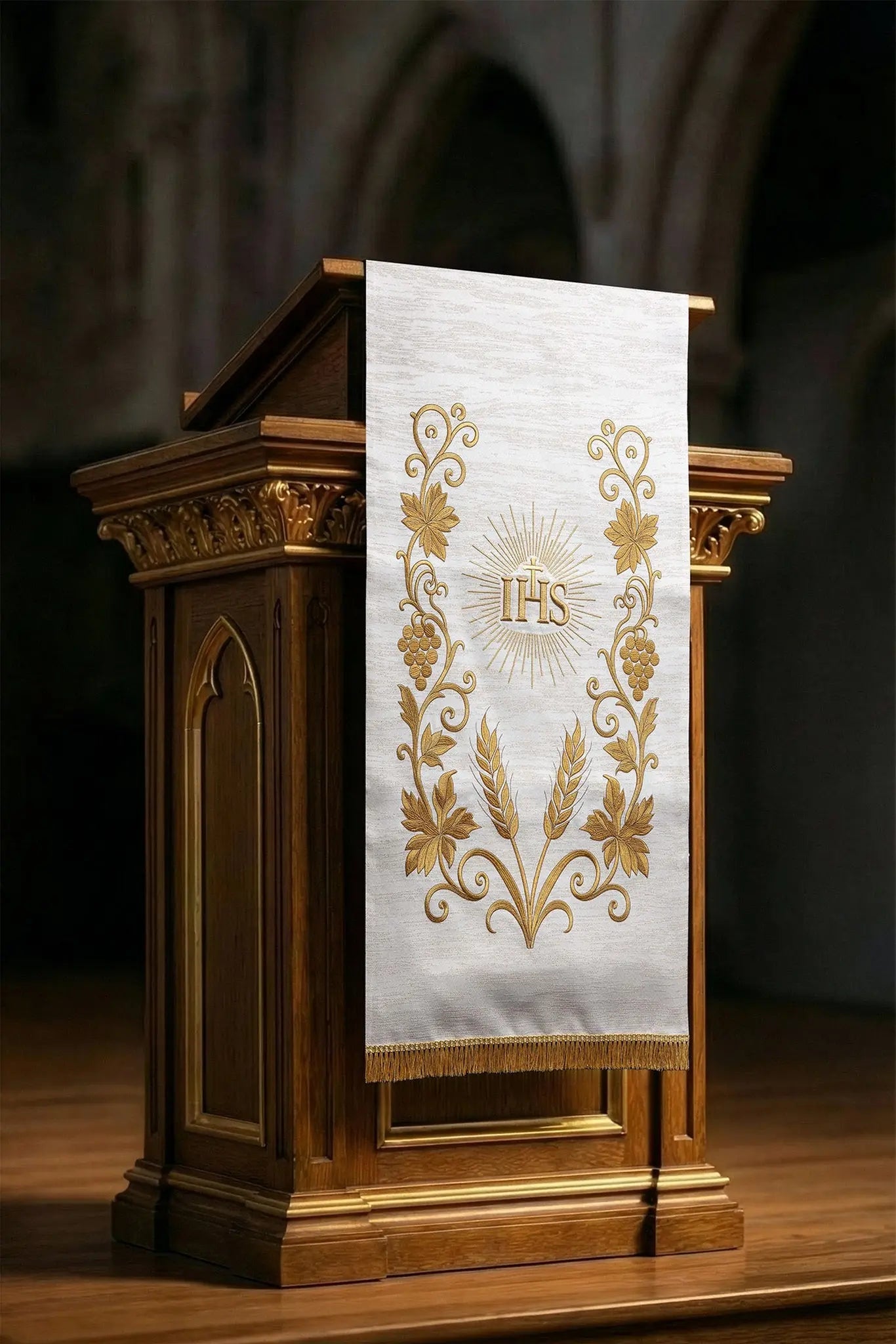 Ecru Lectern Cover with Rich IHS Embroidery - HAFTINA ATELIER