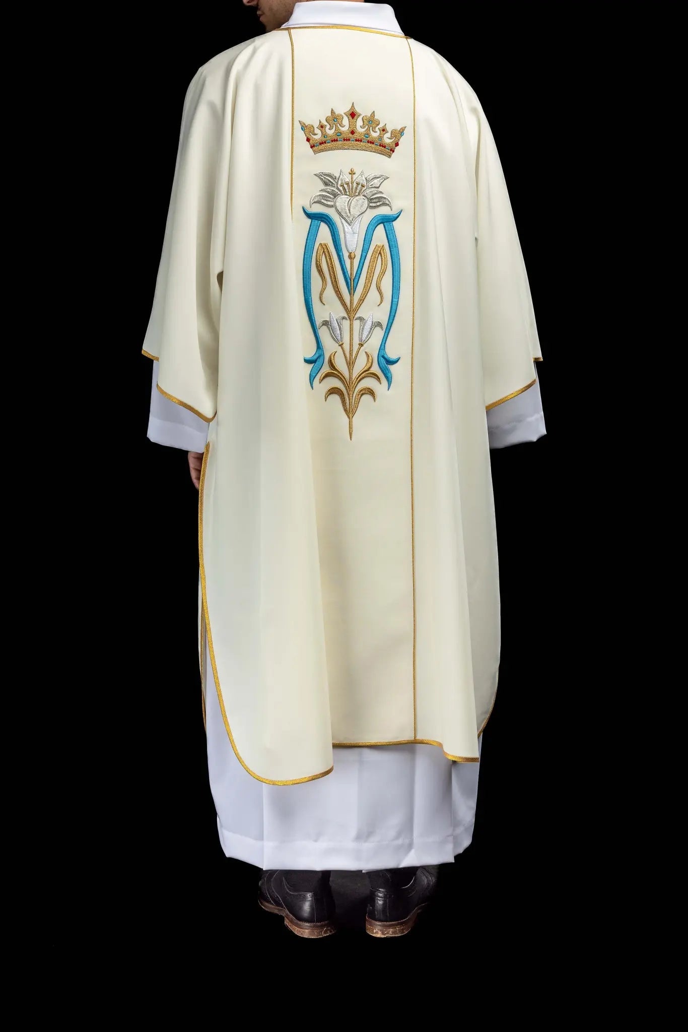 Ecru Marian Dalmatic with Embroidery and Gold Trim - HAFTINA ATELIER