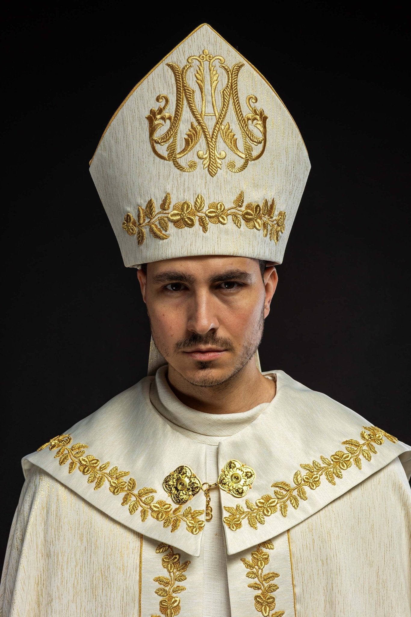 Ecru Marian Mitre with Rich Gold Embroidery - HAFTINA ATELIER