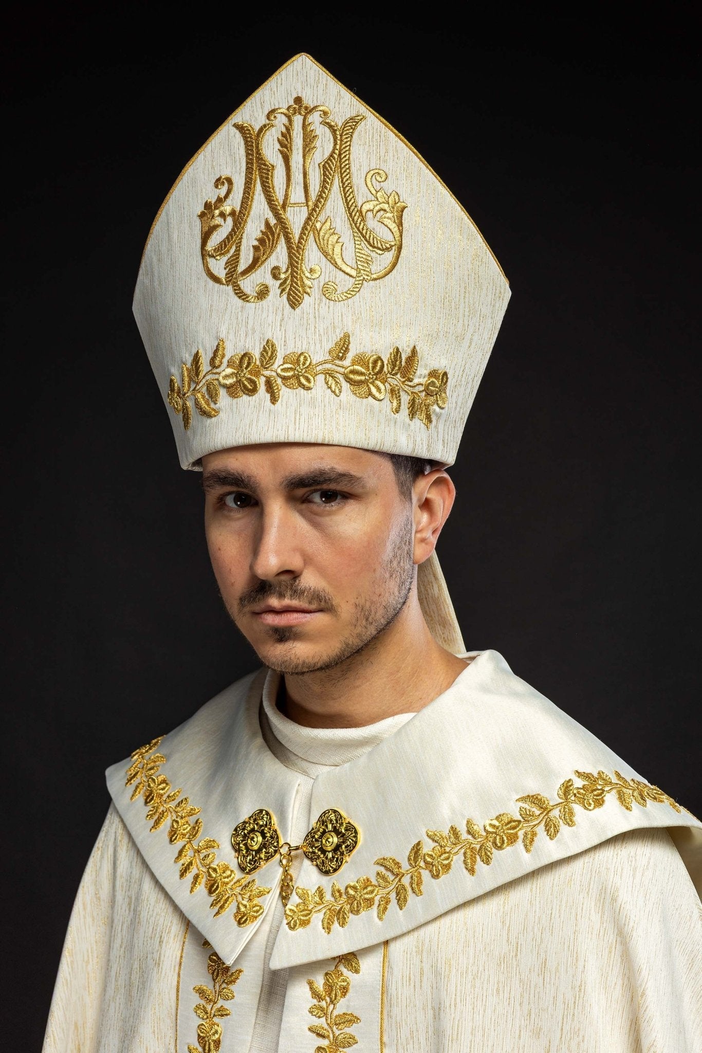Ecru Marian Mitre with Rich Gold Embroidery - HAFTINA ATELIER