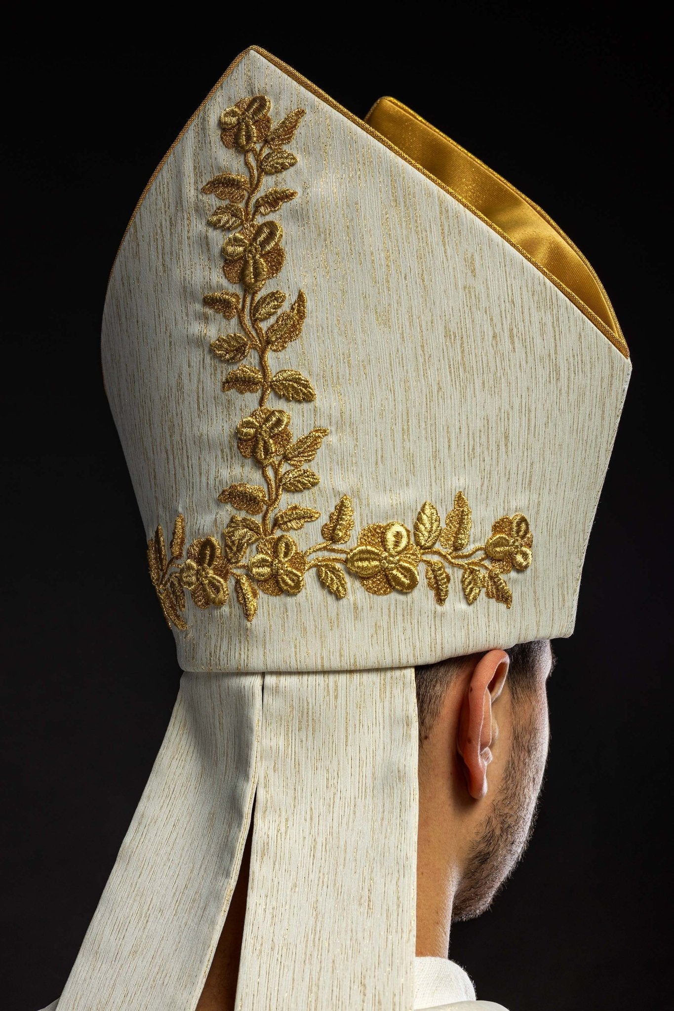 Ecru Marian Mitre with Rich Gold Embroidery - HAFTINA ATELIER