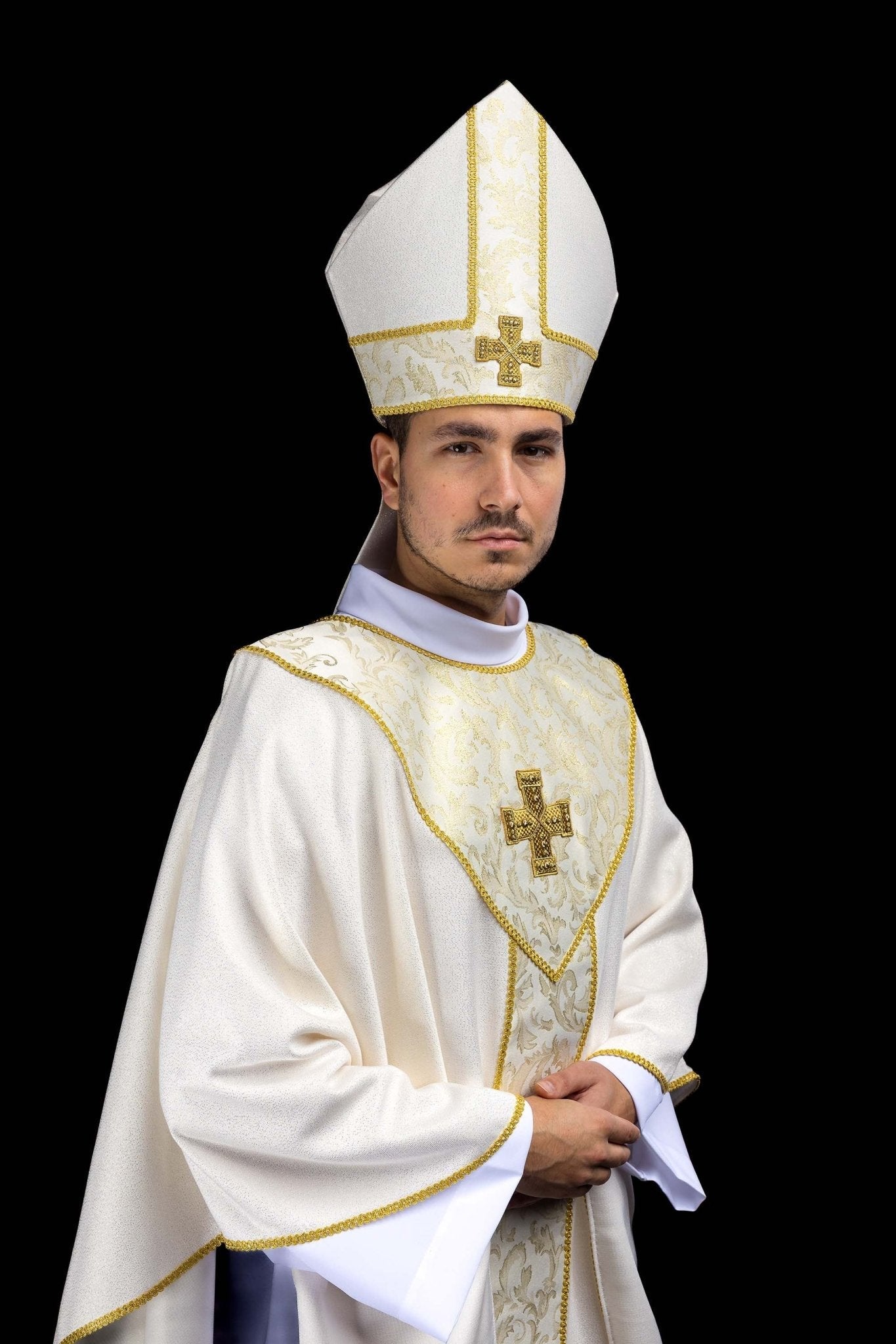 Ecru Mitre with Embroidered Cross and Jacquard Fabric - HAFTINA ATELIER