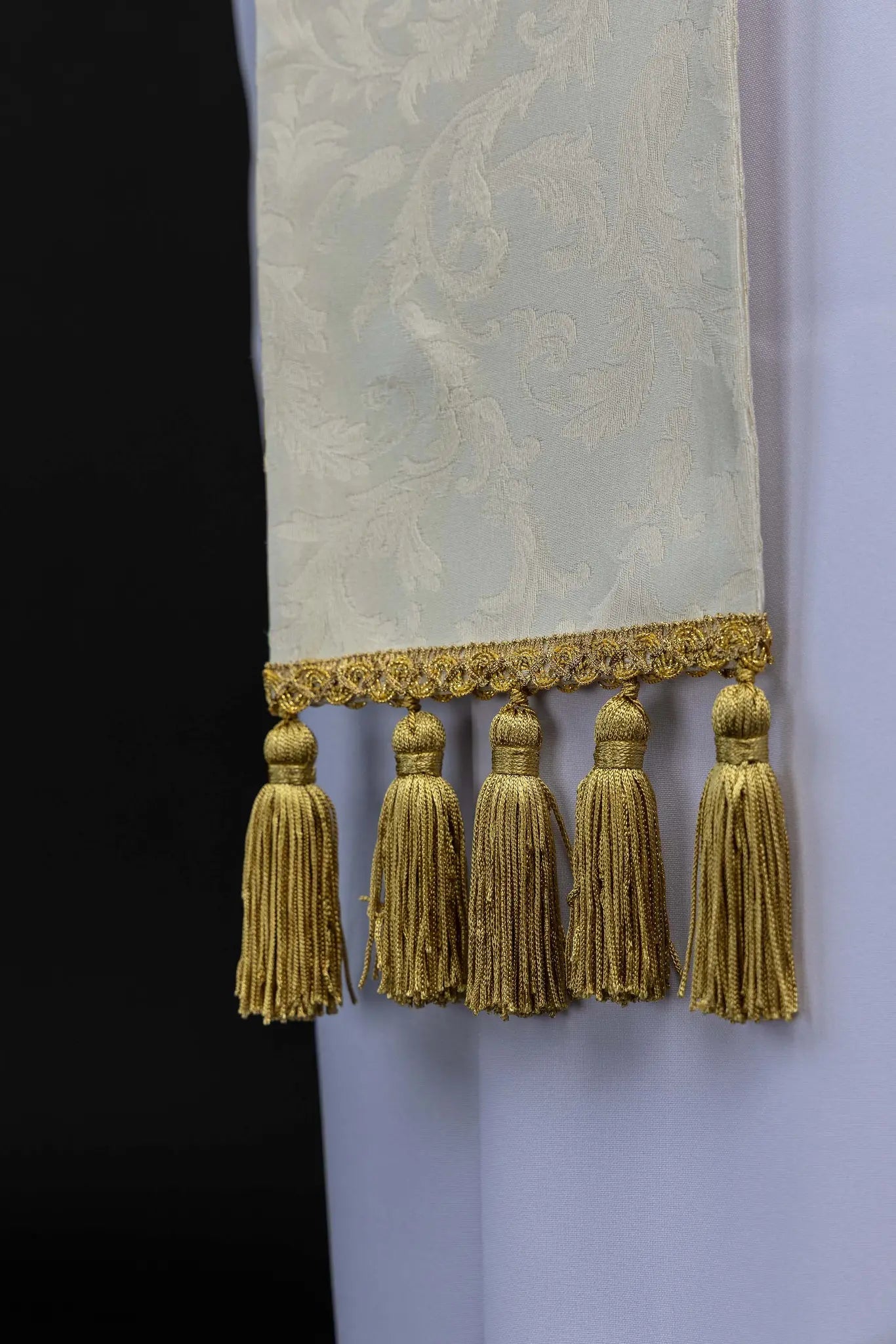 Ecru Stole with Holy Family and IHS Embroidery on Ornamental Fabric - HAFTINA ATELIER