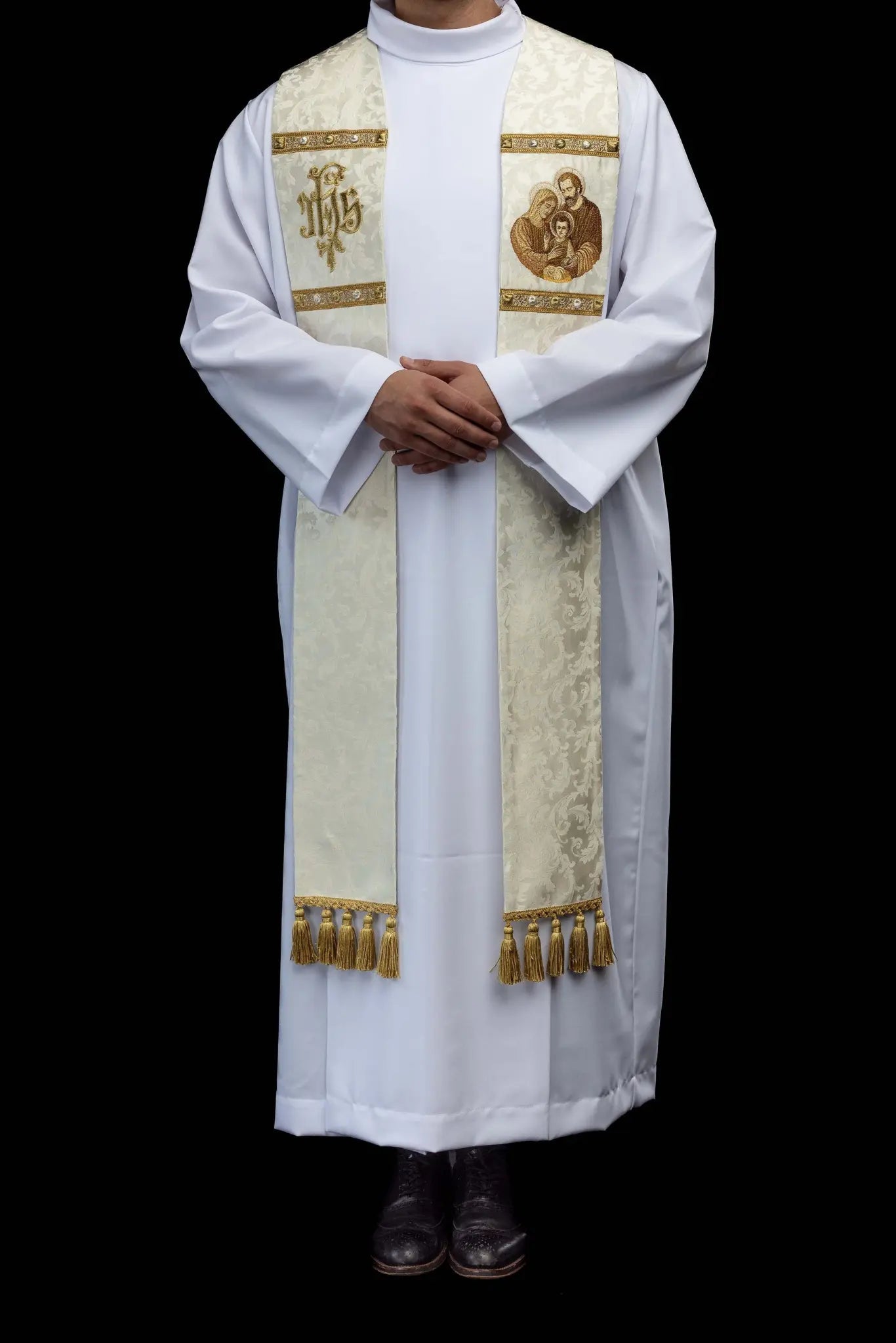 Ecru Stole with Holy Family and IHS Embroidery on Ornamental Fabric - HAFTINA ATELIER