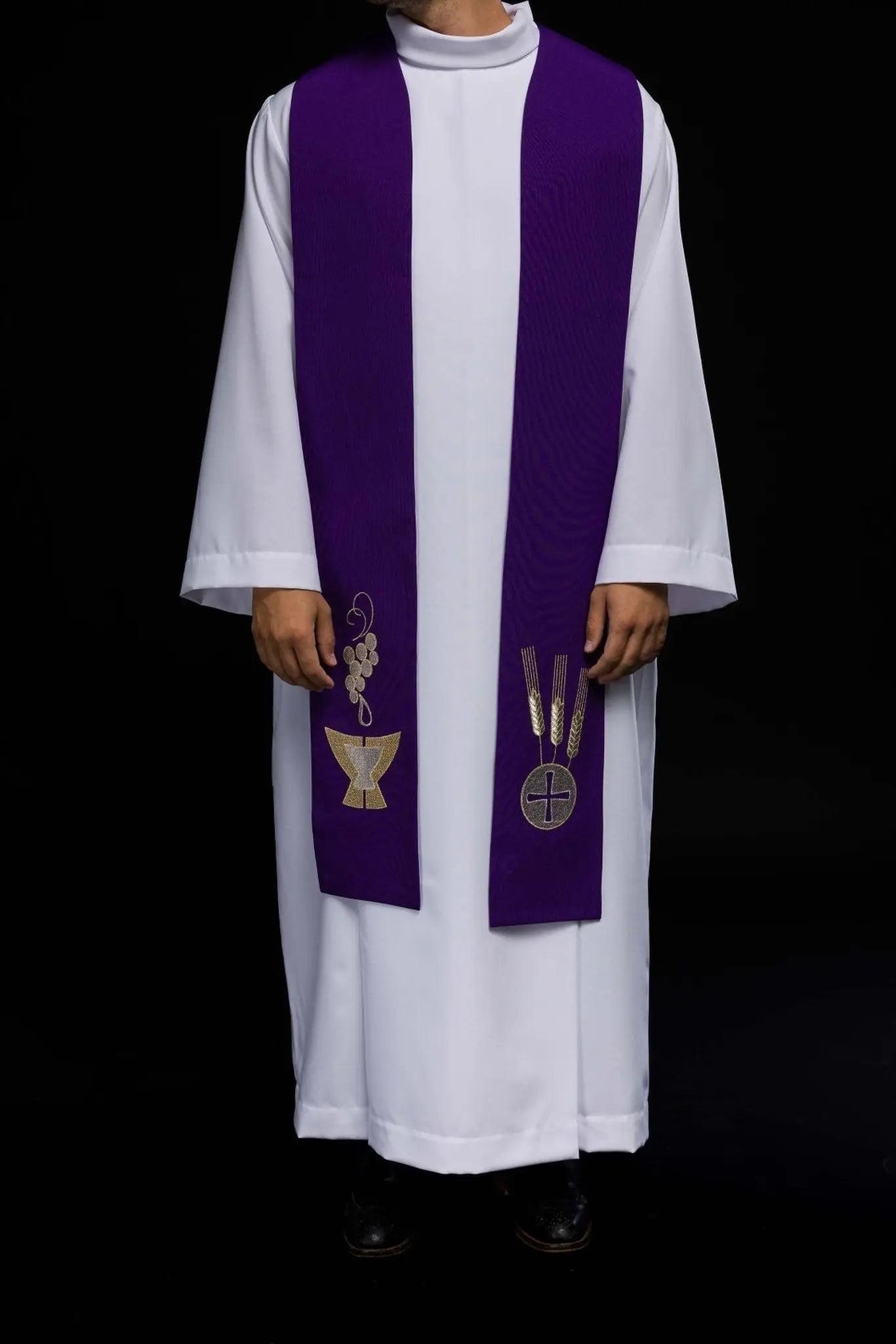 Étola violette brodée pour prêtre Calice, Pointes et Raisins