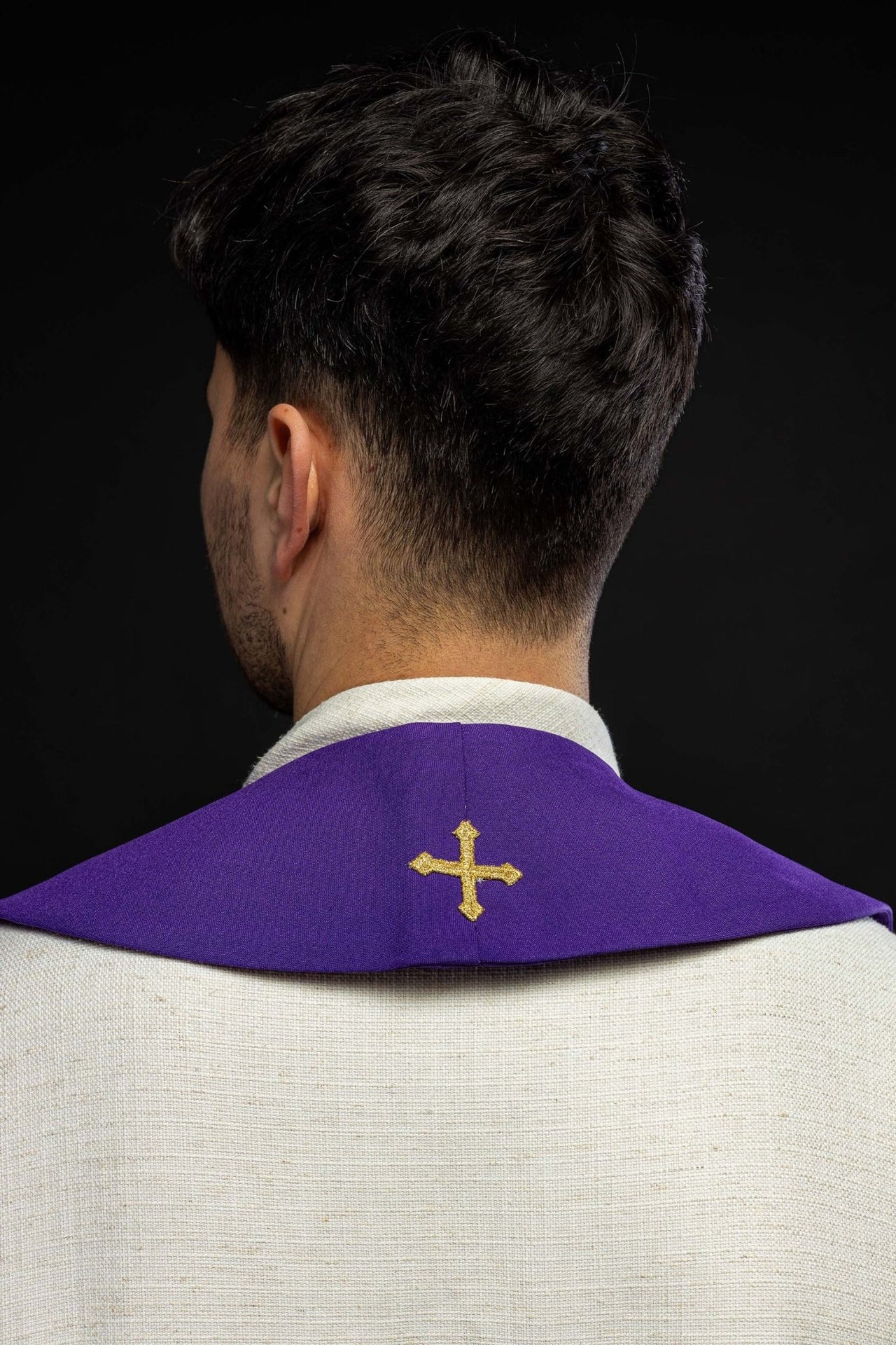 Fioletowa stuła kapłańska haftowana Ryba Chleb Krzyż