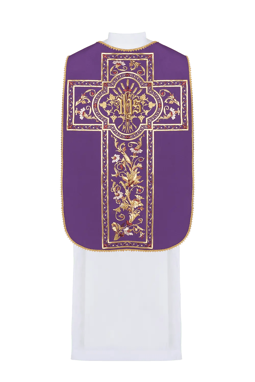 Chasuble romaine violette brodée avec motif IHS