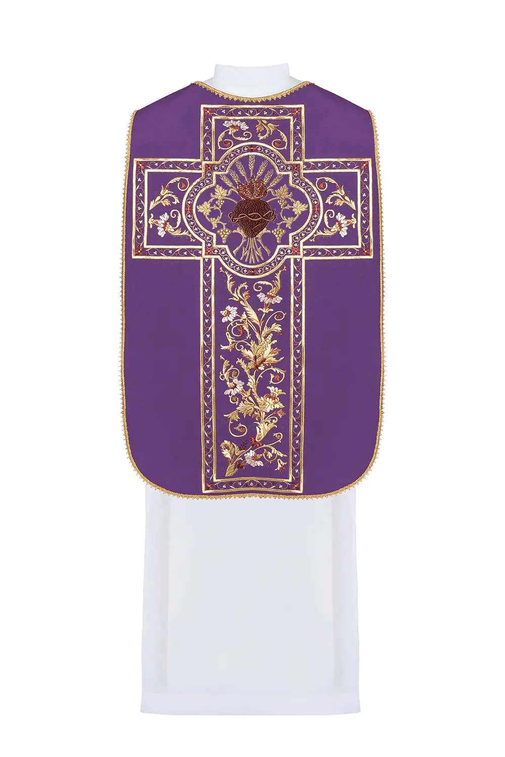 Chasuble romaine violette brodée avec le motif du Cœur de Jésus-Christ