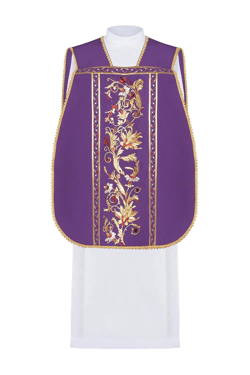 Chasuble romaine violette brodée avec le motif du Cœur de Jésus-Christ