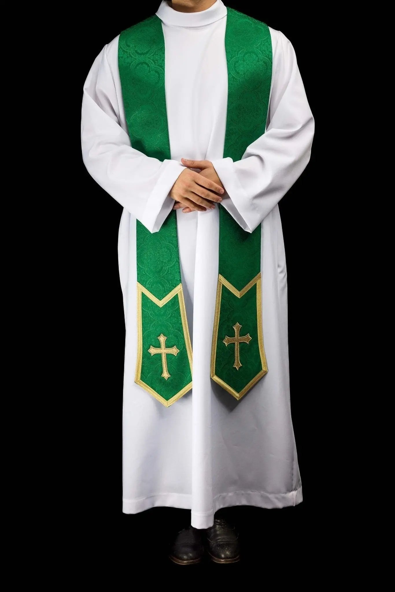 Green Jacquard Stole with Embroidered Cross - HAFTINA ATELIER