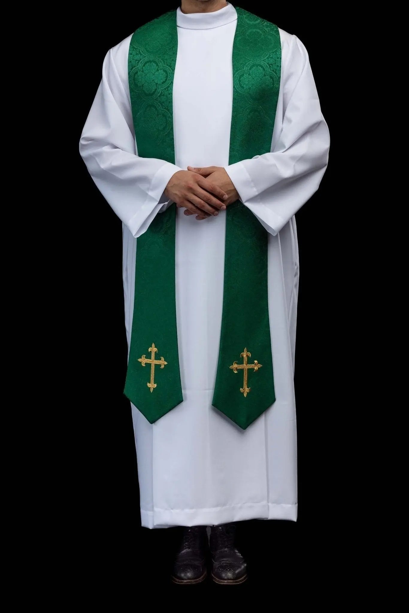 Green Jacquard Stole with Embroidered Cross Motif - HAFTINA ATELIER