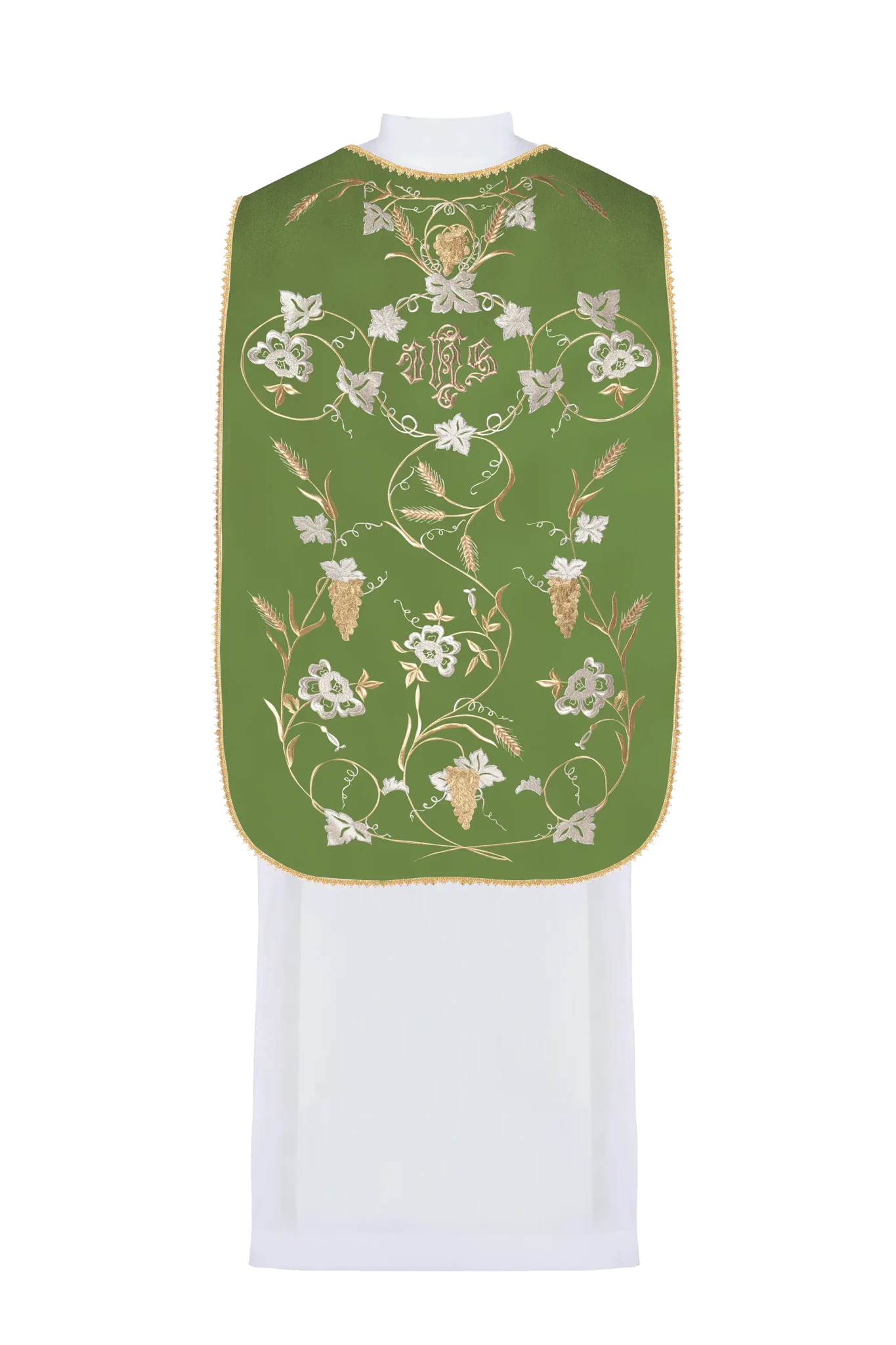 Green Roman chasuble with motif of IHS, ears and grapes - HAFTINA ATELIER