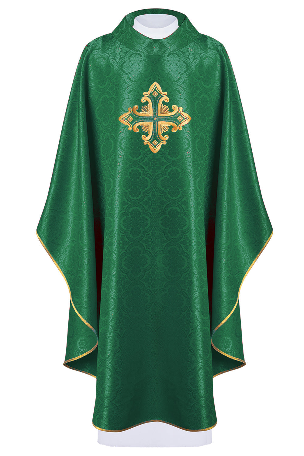 Chasuble verte avec croix cousue en tissu à motifs
