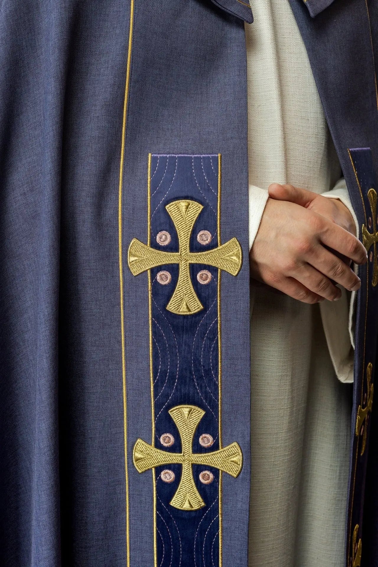 Liturgical Cope with Gold Embroidered Crosses and Purple Velvet Collar