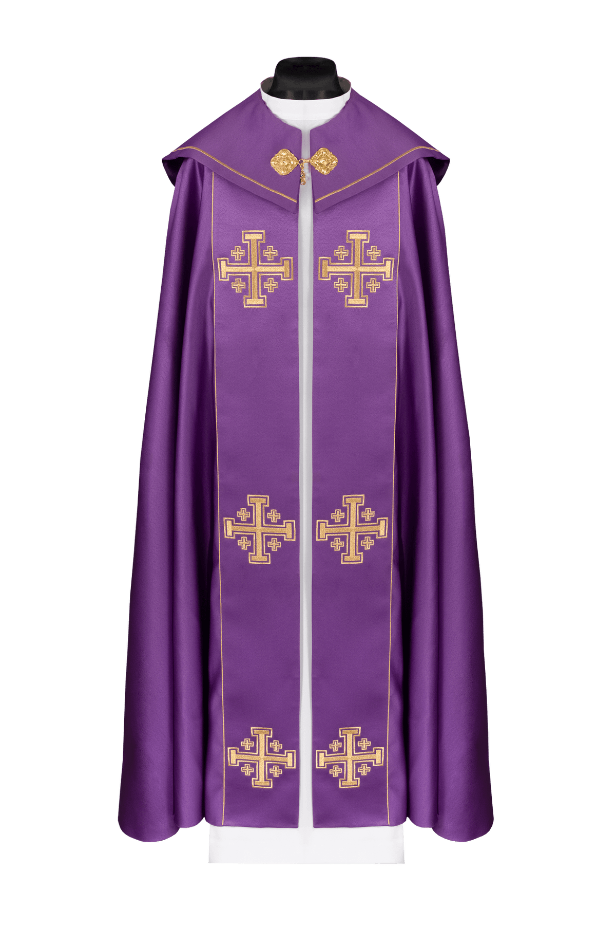 Violet chape liturgique avec orfroi et croix brodées, vue de face