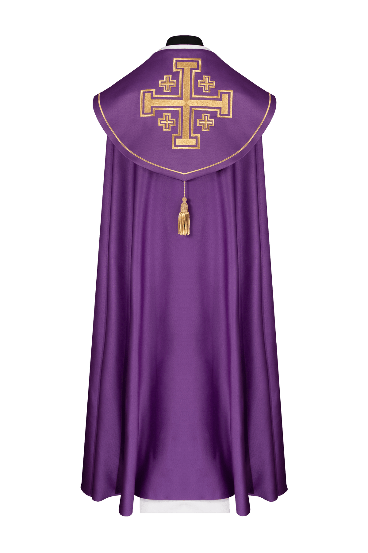 Violet chape avec grande croix brodée sur l’orfroi, vue de dos