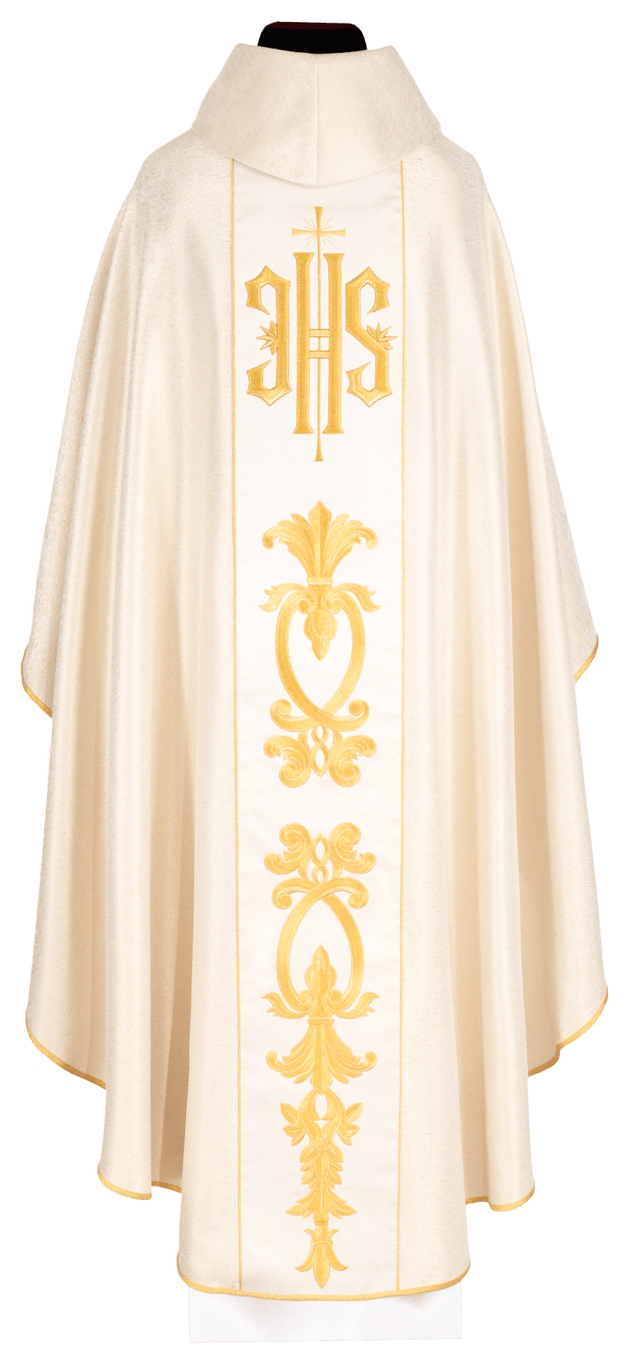 Dorée chasuble avec motif IHS doré et large orfroi, vue de dos