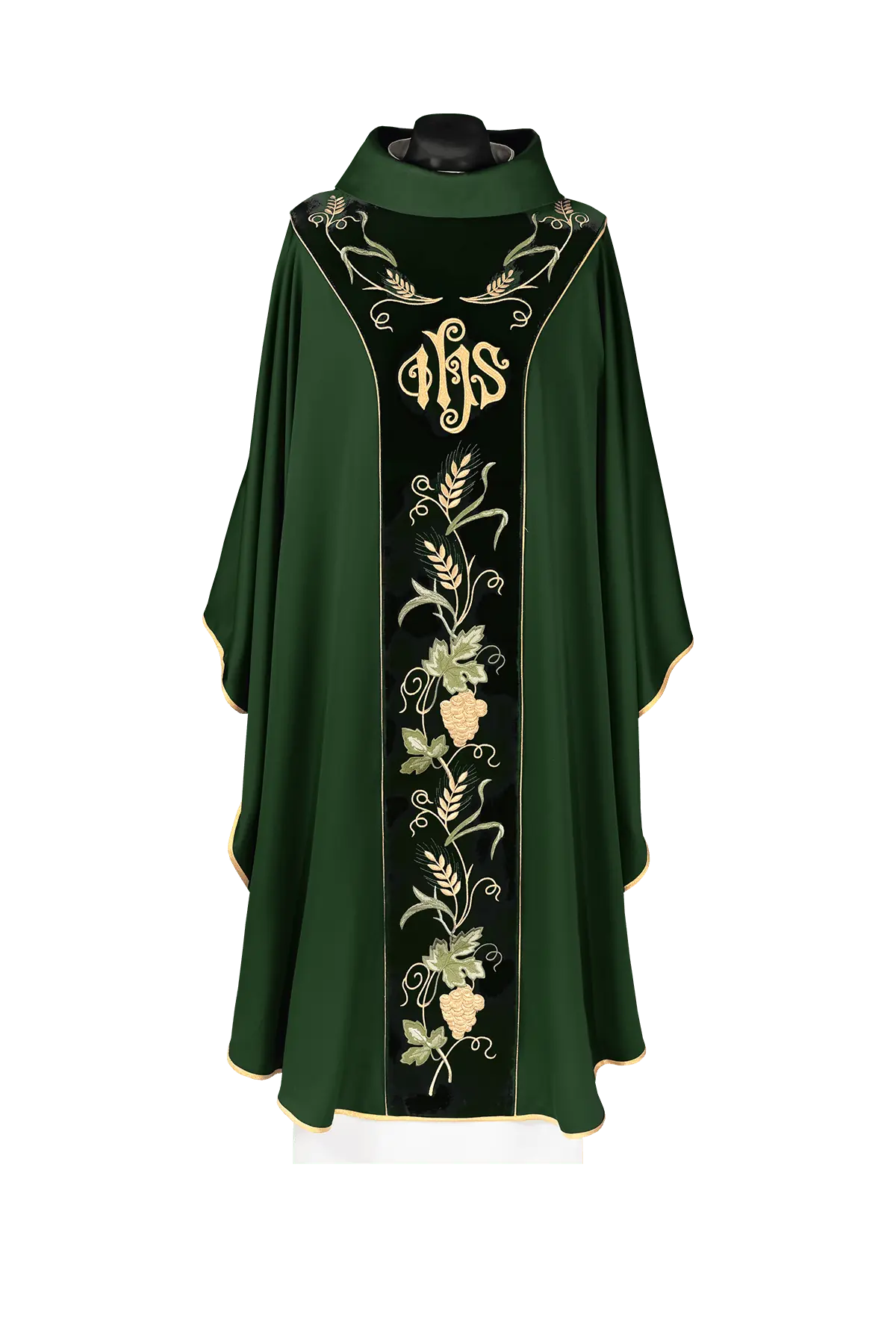 Vert chasuble avec orfroi en velours et broderie IHS, vue de face