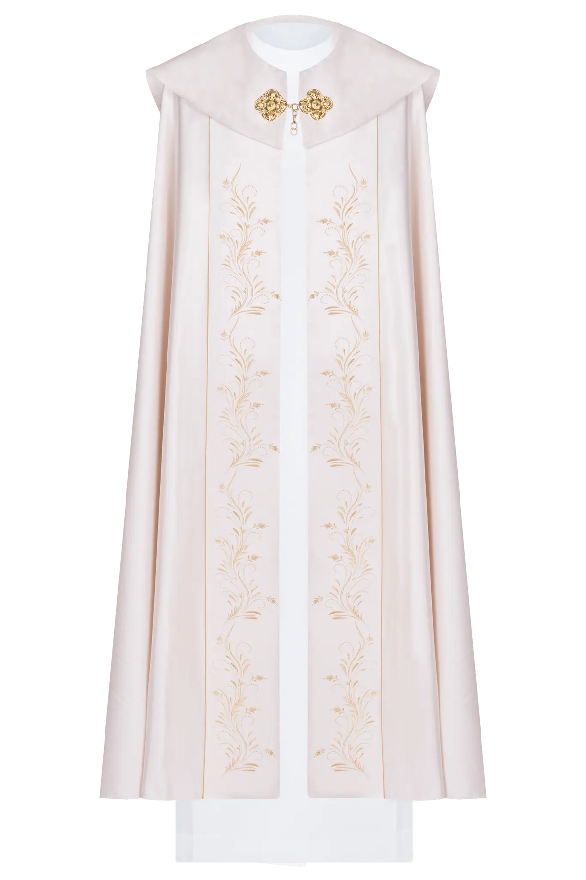 Écrue chape eucharistique avec broderie florale, vue arrière