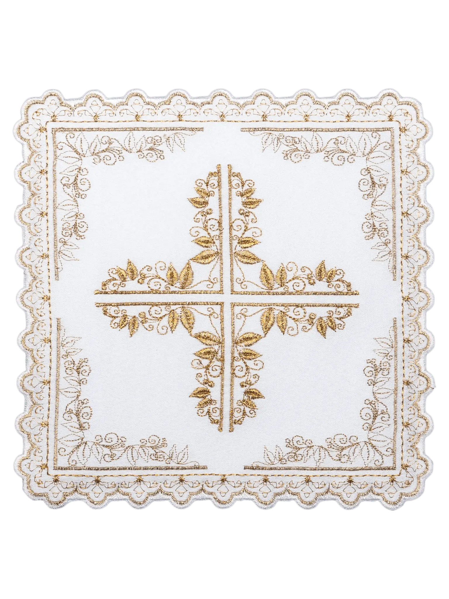 Linen cup set with cross motif framed by floral embroidery