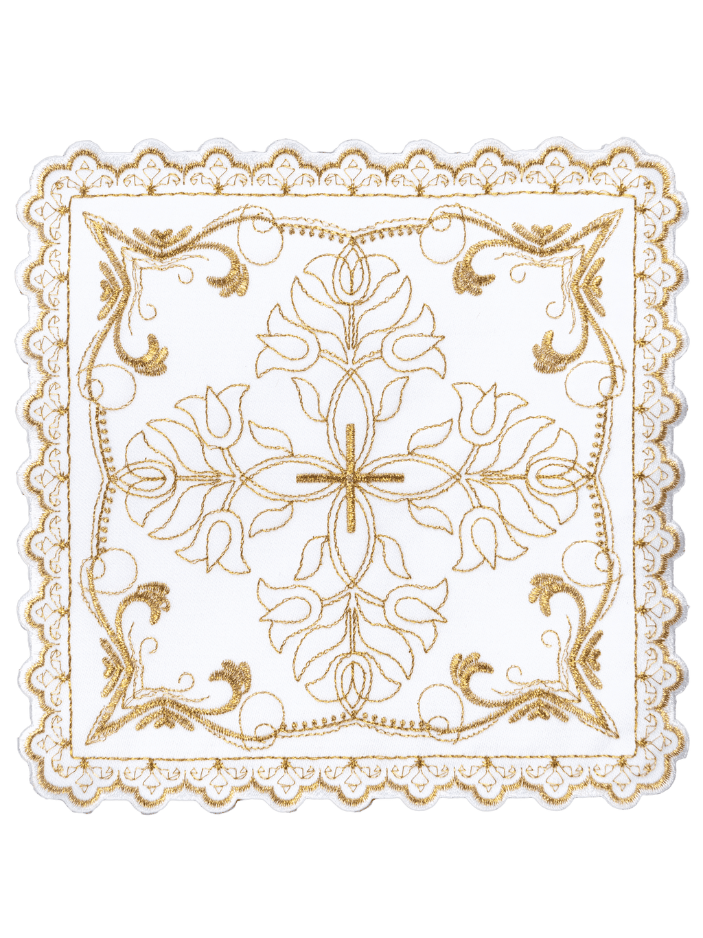 Komplet kielichowy z motywem krzyża z ozdobnym haftem florystycznym