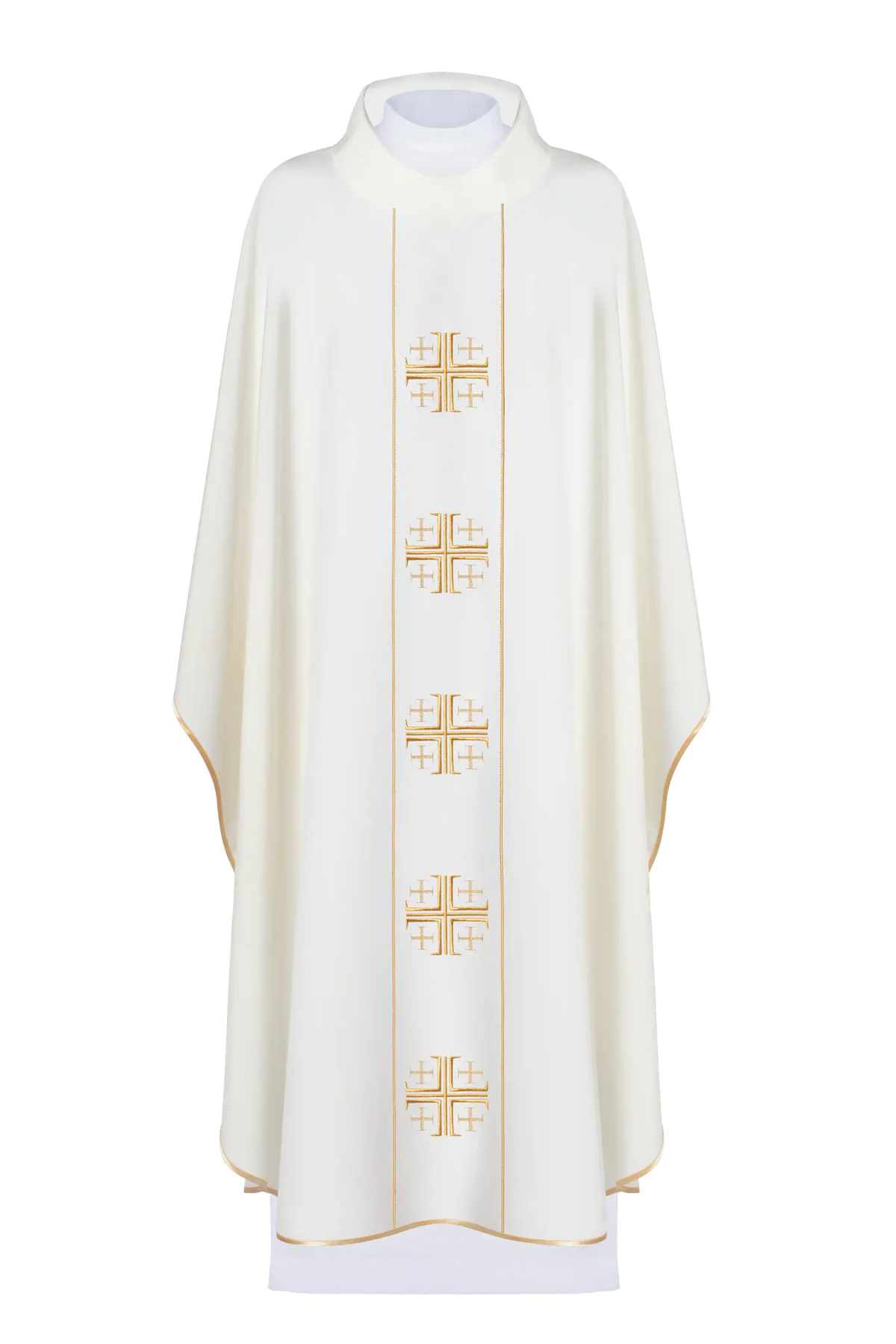 Chasuble écrue avec orfroi brodé de croix de Jérusalem, vue de face