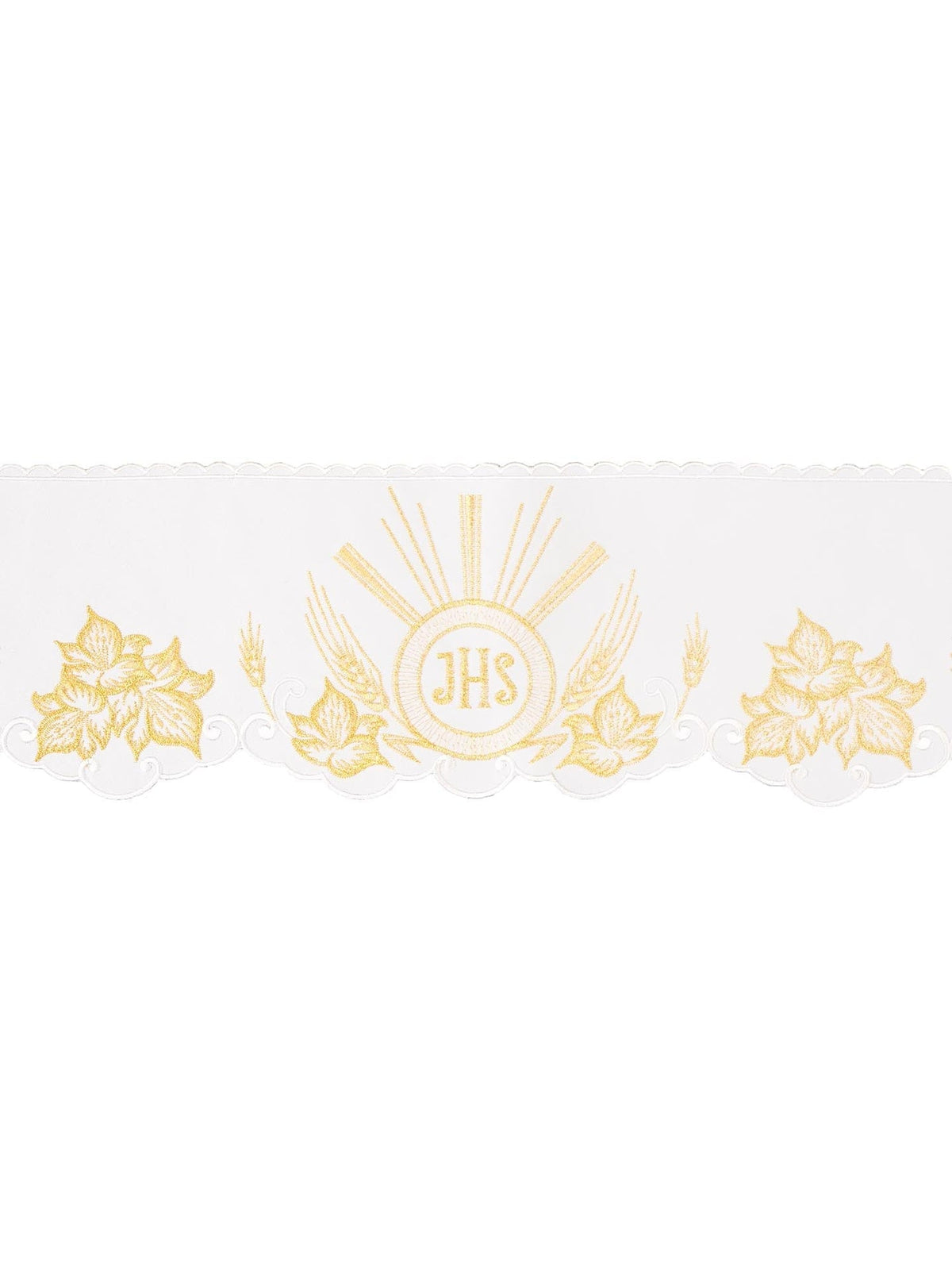Koronka do obrusu z haftem czołowym IHS Biały
