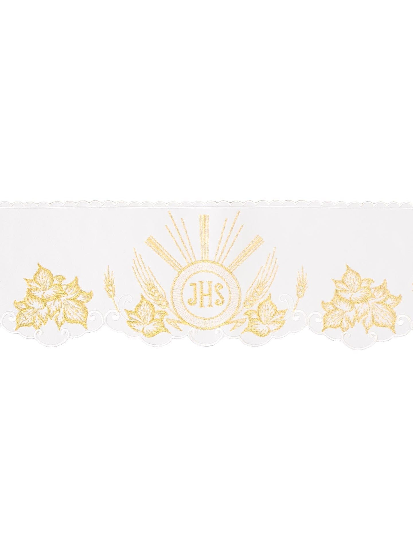 Koronka do obrusu z haftem czołowym IHS Biały