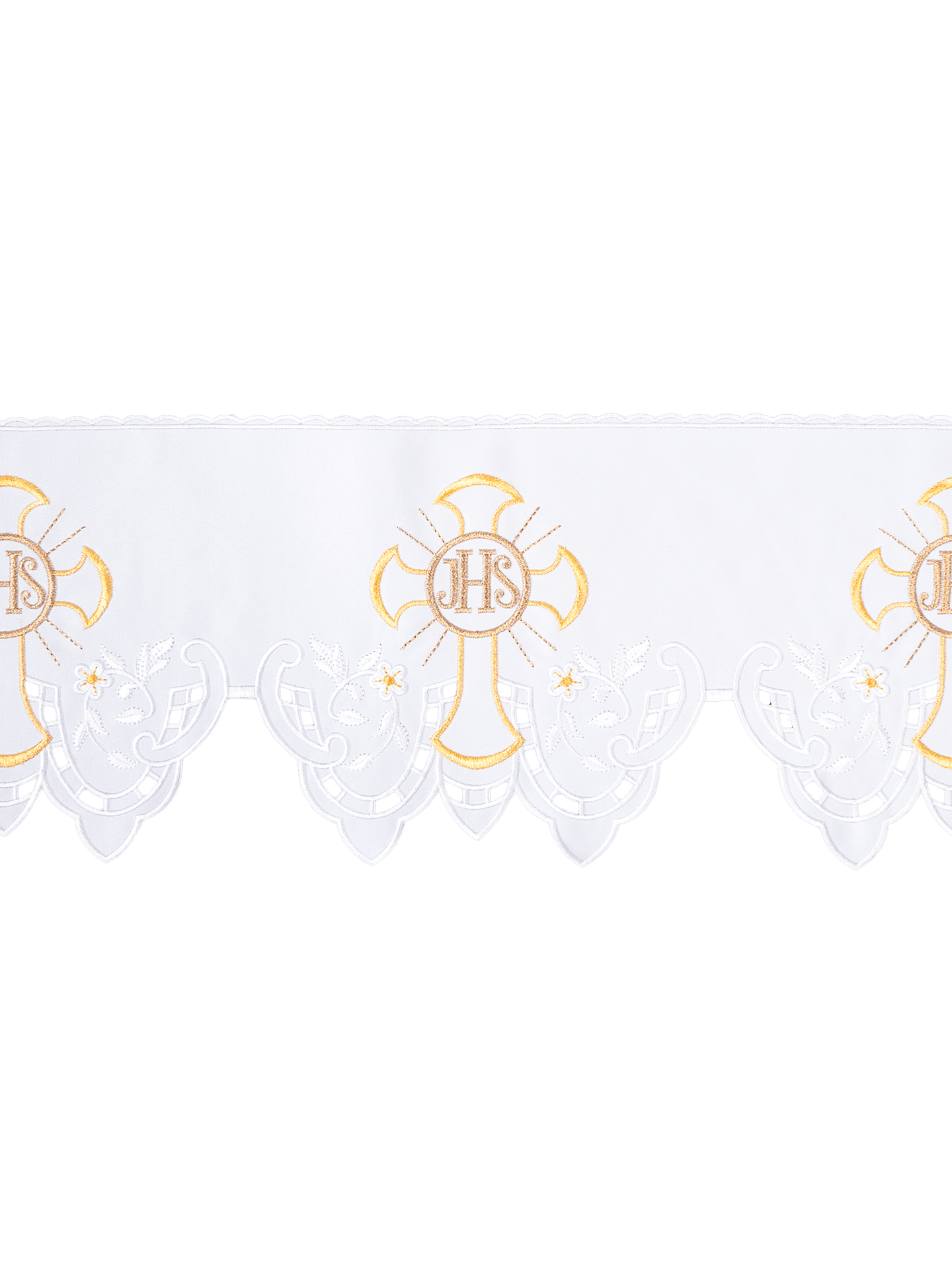 Koronka do obrusu z haftem czołowym IHS Krzyż Biały