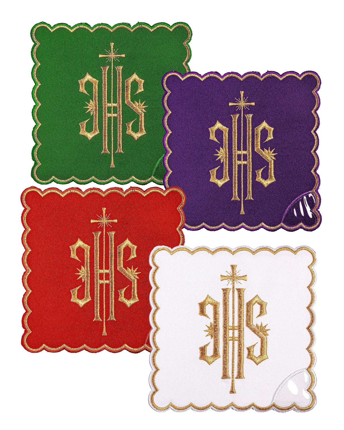 Ensemble de voiles de calice avec symbole IHS en quatre couleurs liturgiques