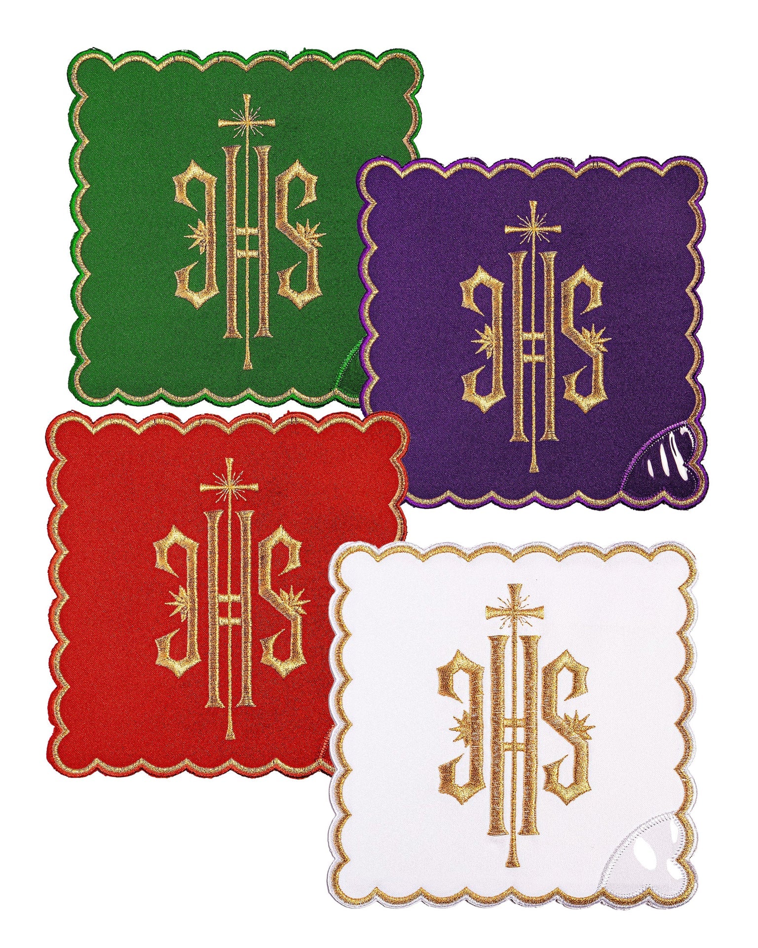 Ensemble de voiles de calice avec symbole IHS en quatre couleurs liturgiques