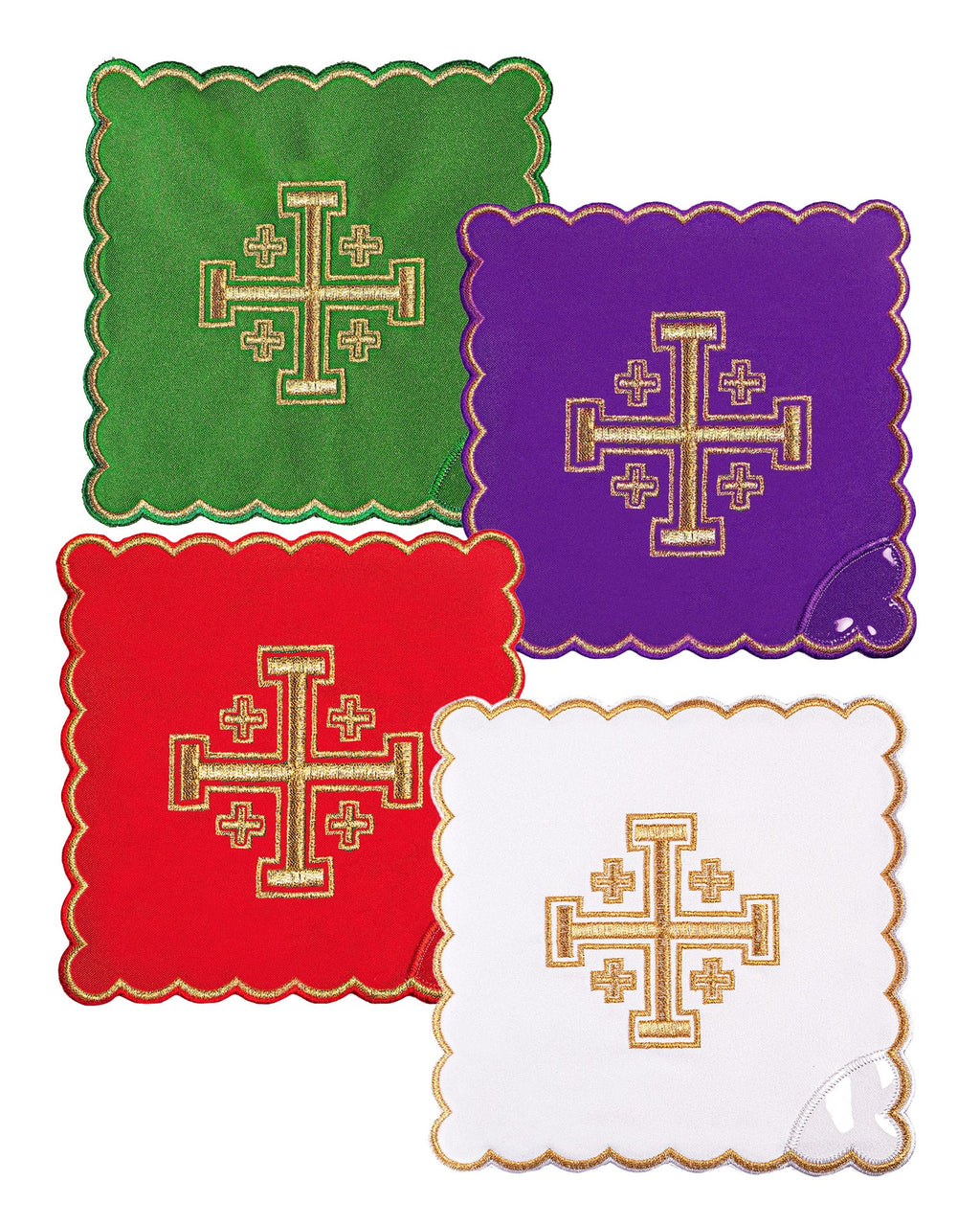 Ensemble de voiles de calice avec croix de Jérusalem brodée en quatre couleurs liturgiques