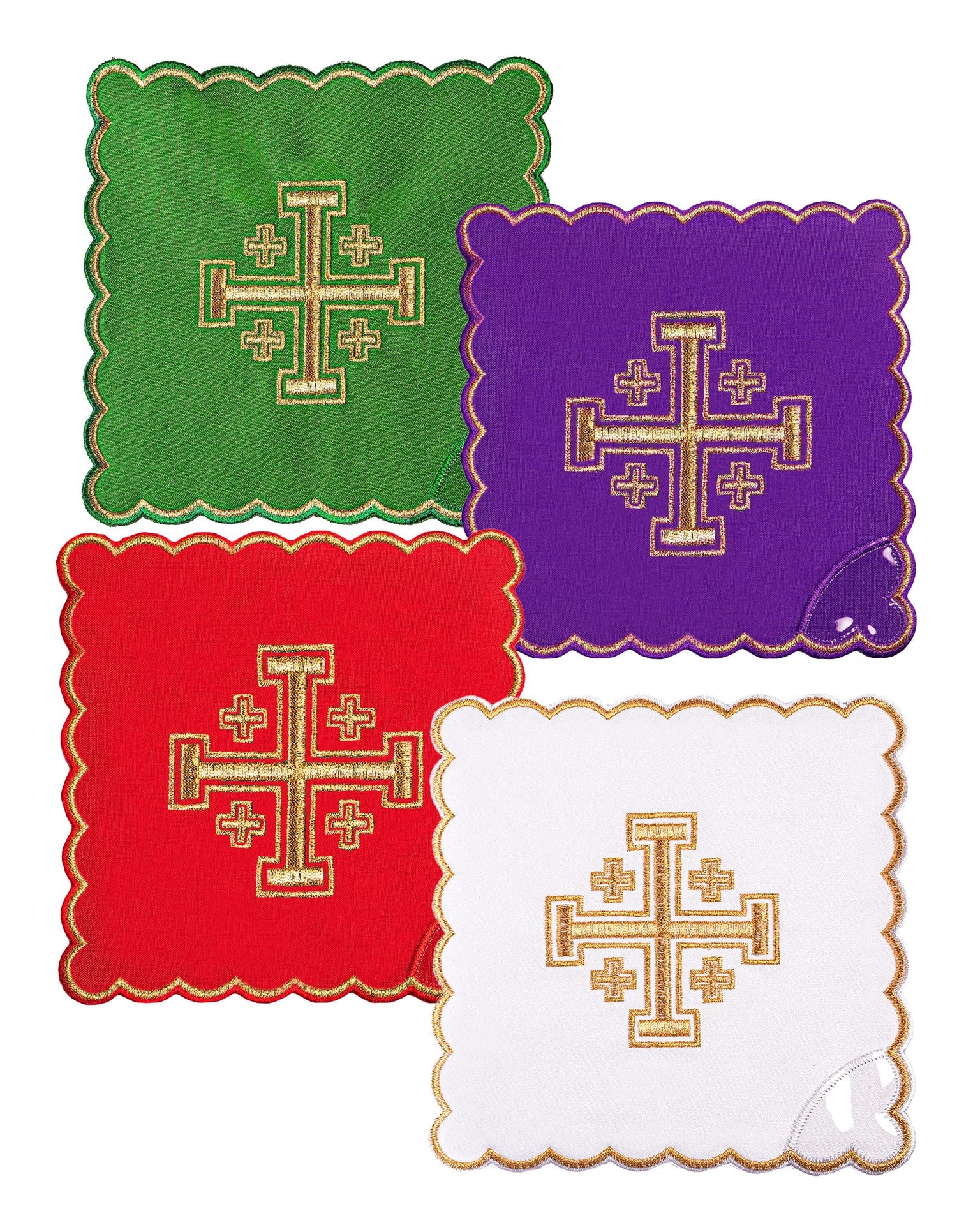 Ensemble de voiles de calice avec croix de Jérusalem brodée en quatre couleurs liturgiques