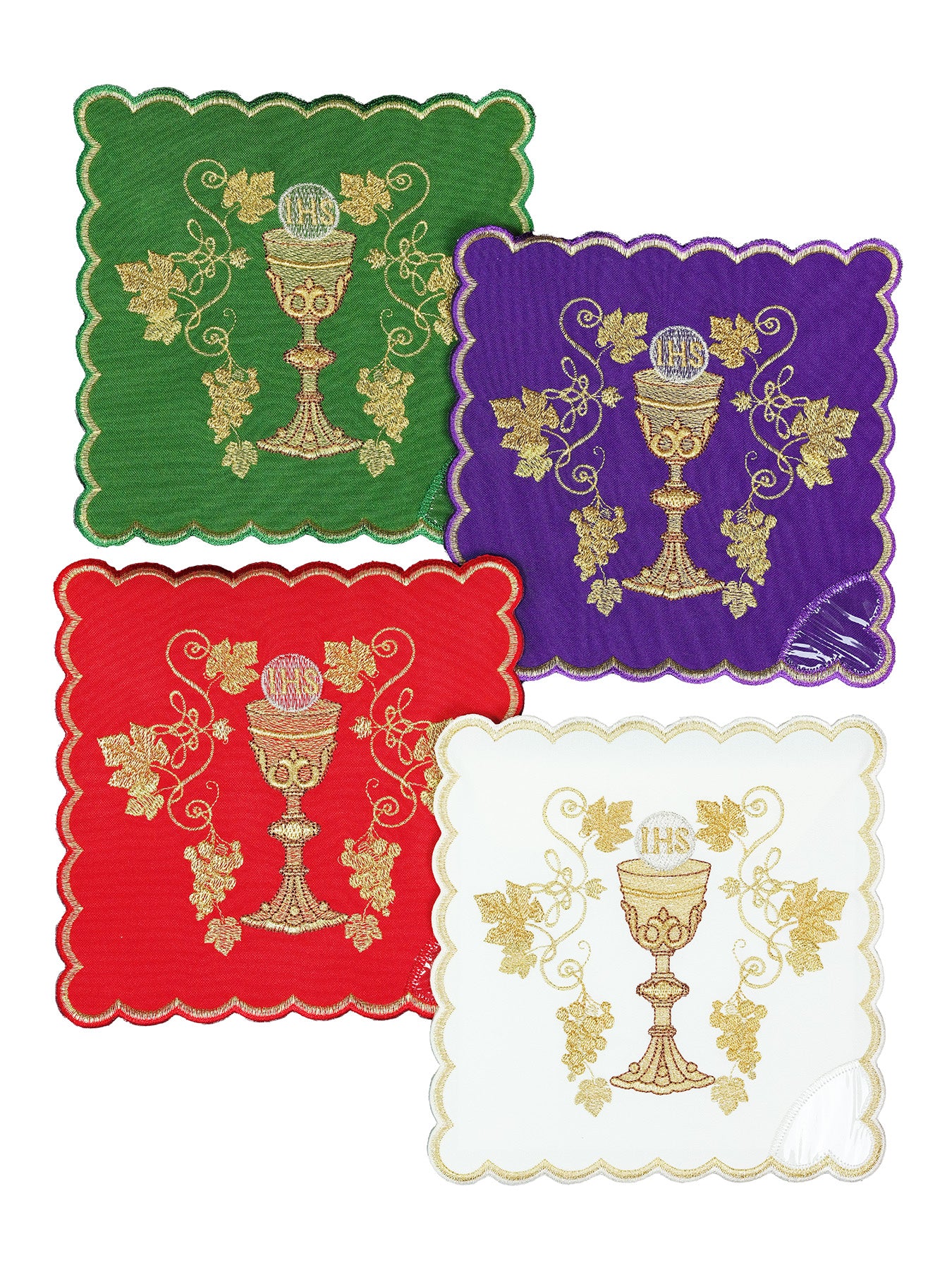 Ensemble de Pale liturgique quatre couleurs avec Calice et broderie IHS