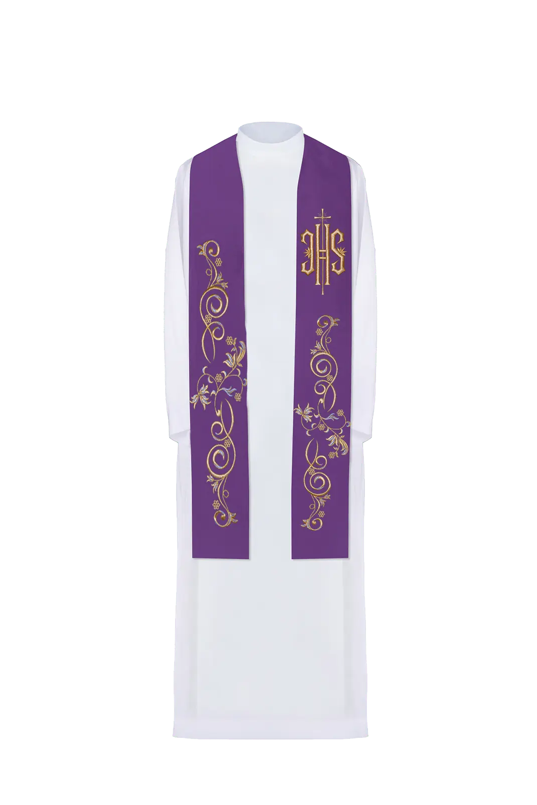 Étole sacerdotale violette avec le symbole IHS brodé, vue de face