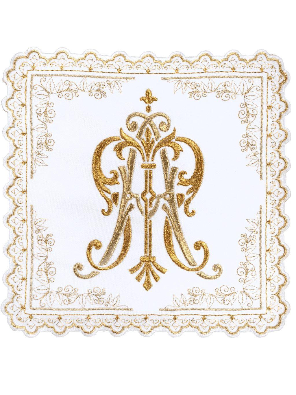 Liturgiczny komplet kielichowy z haftowanym złotym motywem Maryjnym