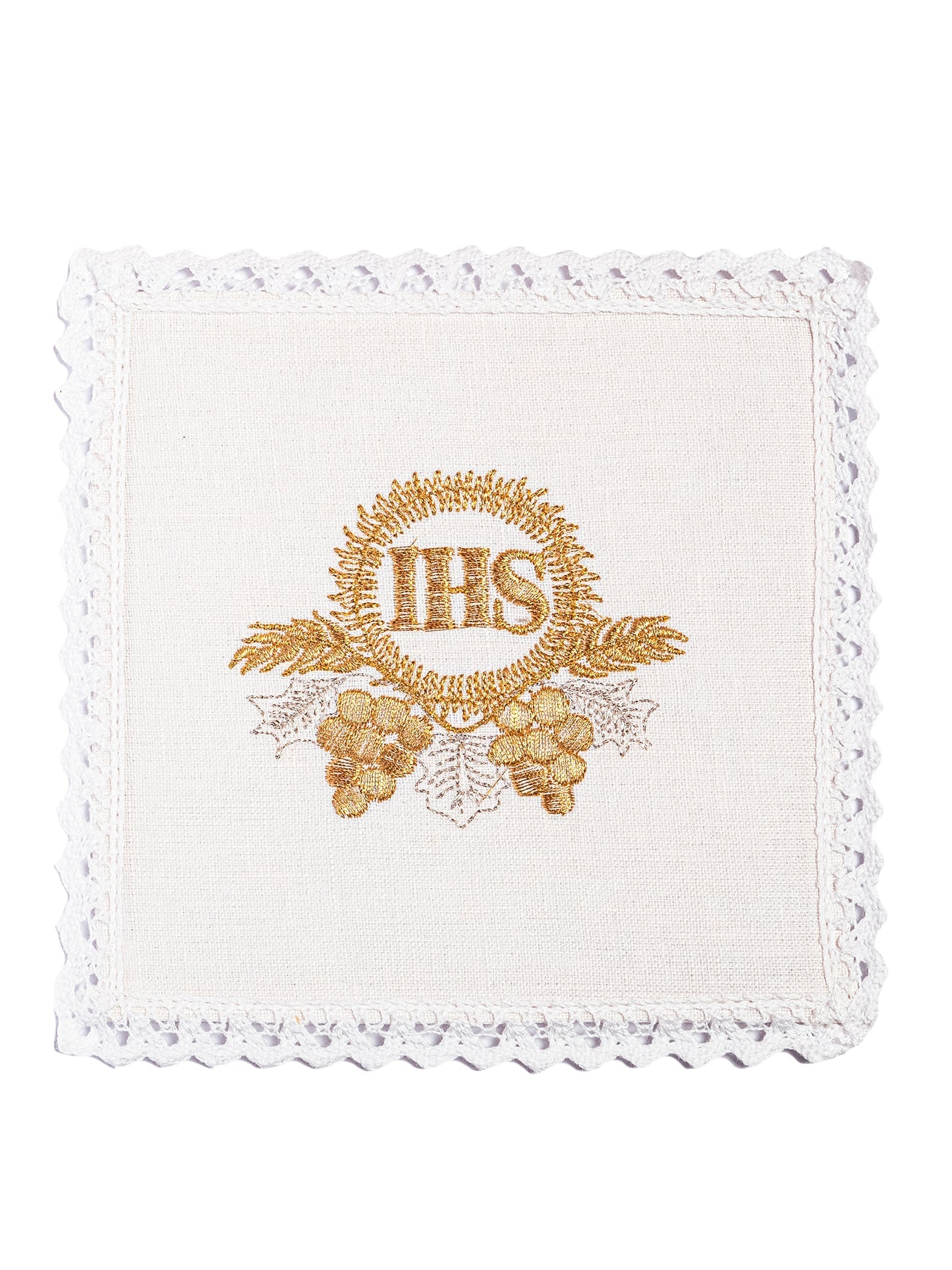 Lniana bielizna kielichowa z złotym haftem IHS