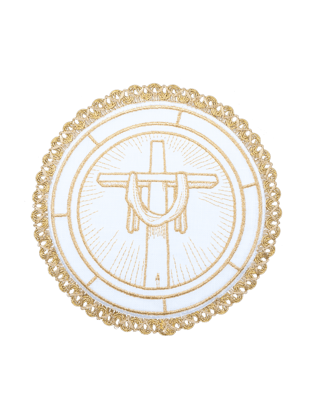 Lniany komplet kielichowy z motywem krzyża Pana Jezusa na okrągłej palce