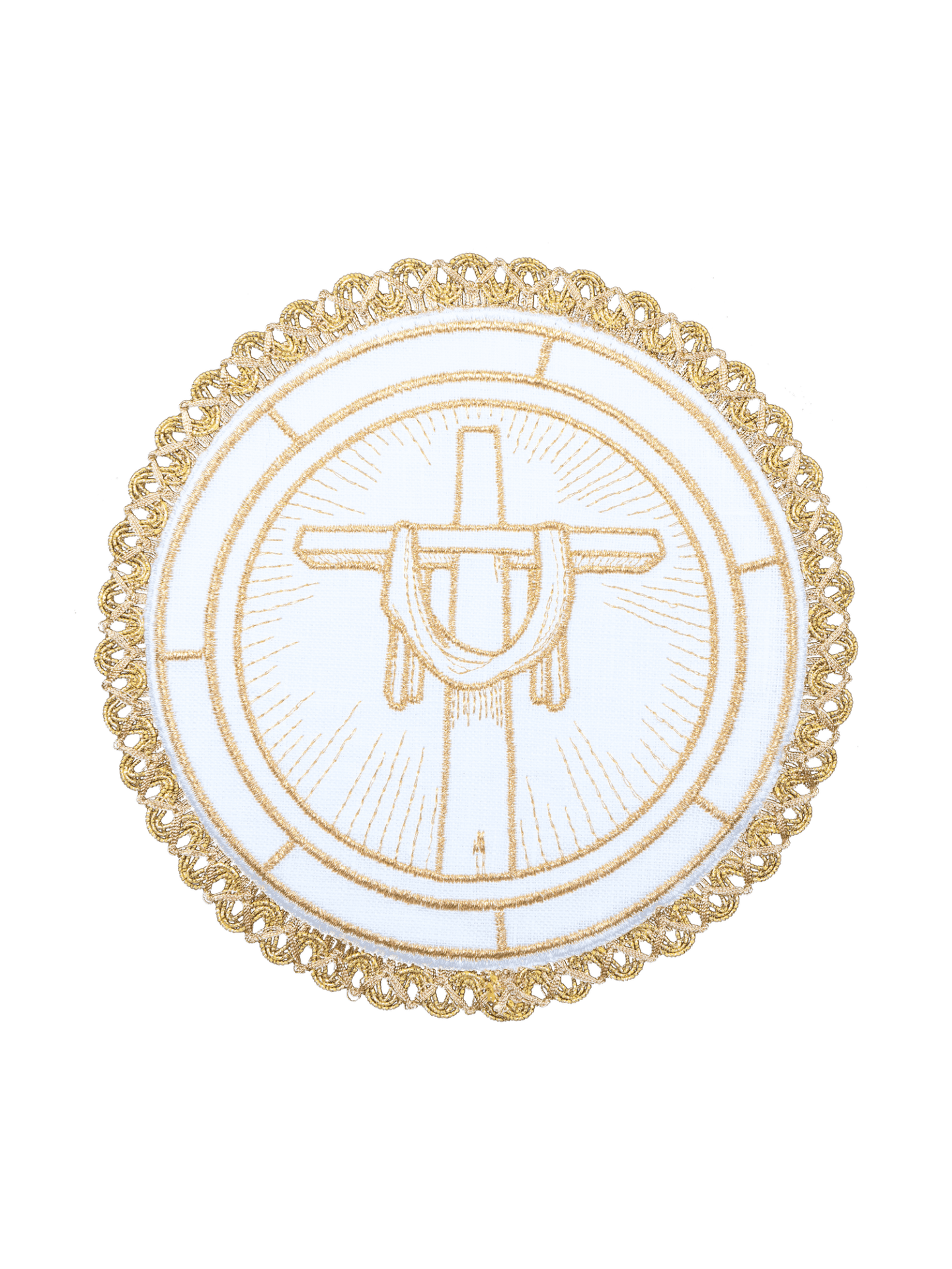 Lniany komplet kielichowy z motywem krzyża Pana Jezusa na okrągłej palce