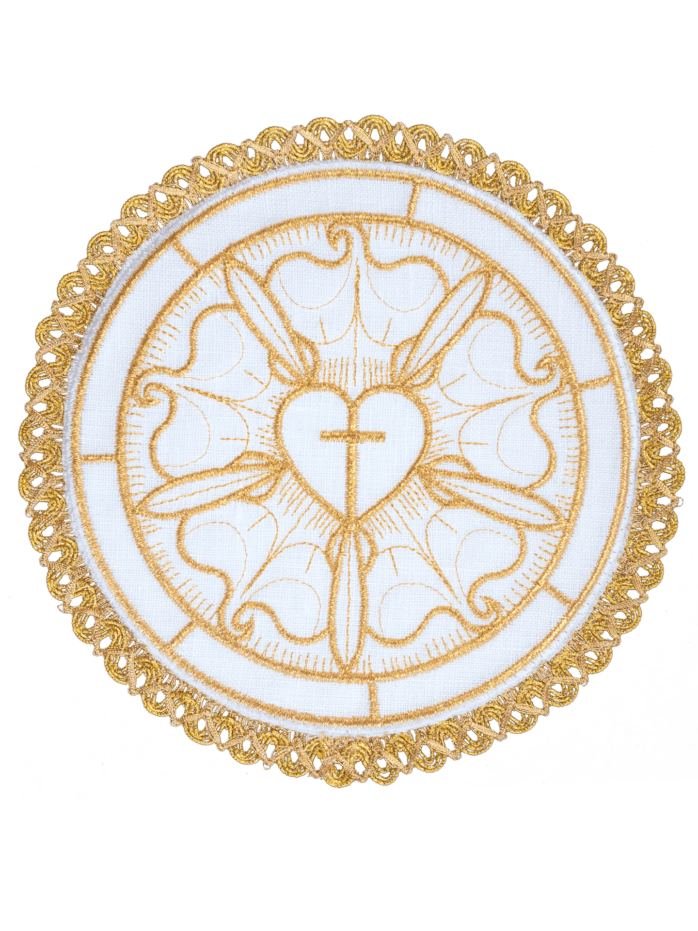 Lniany komplet kielichowy z motywem serca i krzyża na okrągłej palce