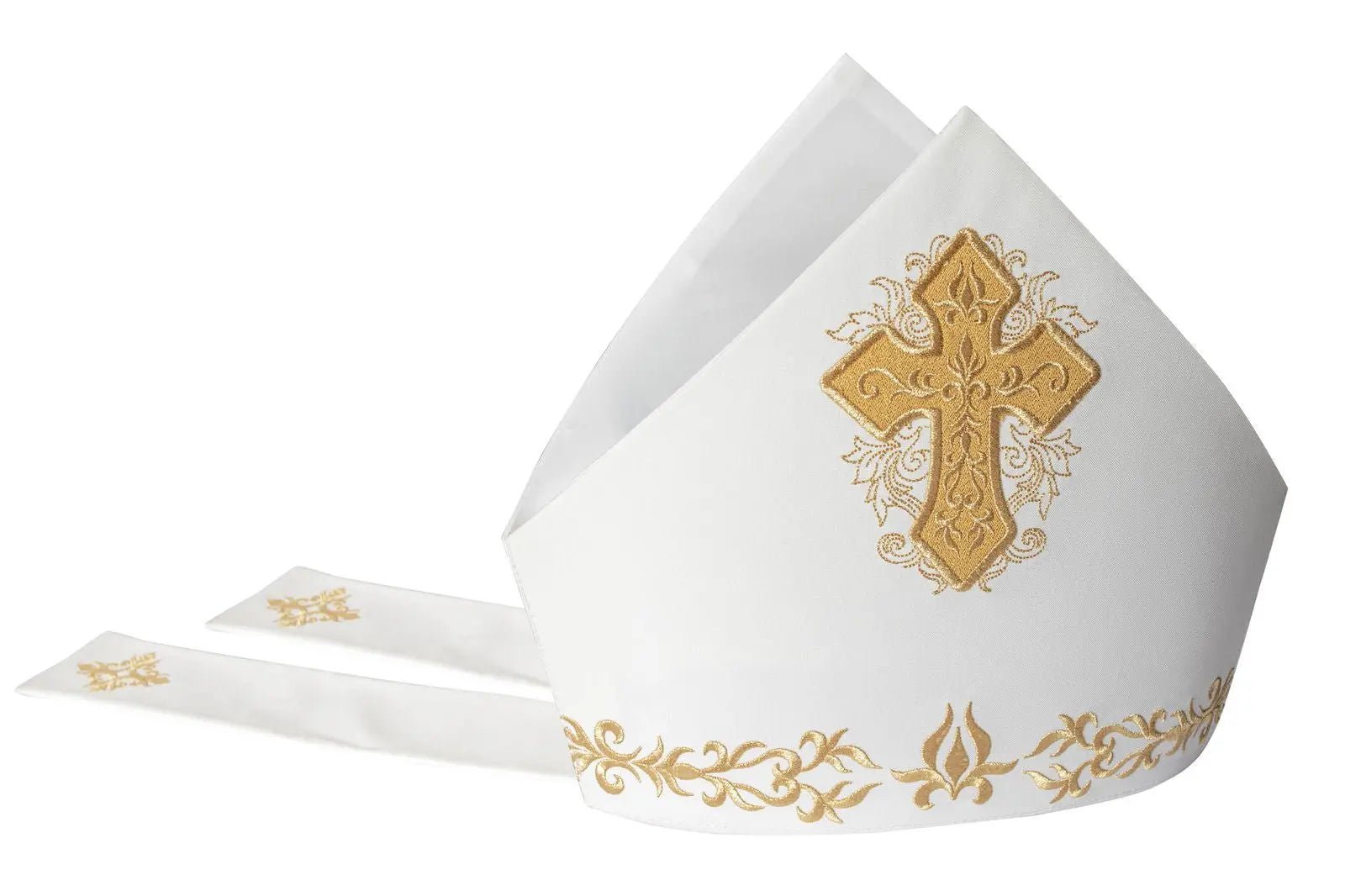 Mitre brodée richement décorée d'une épaisse croix en or