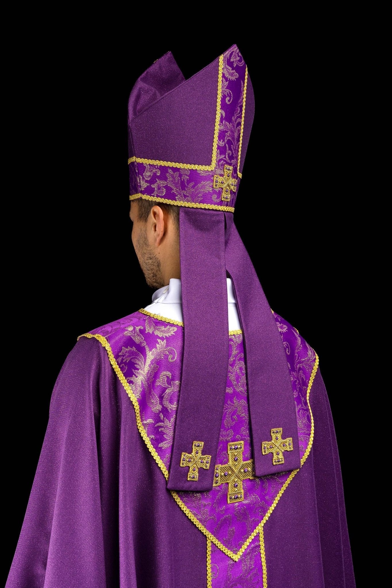 Purple mitre with embroidered cross and jacquard fabric