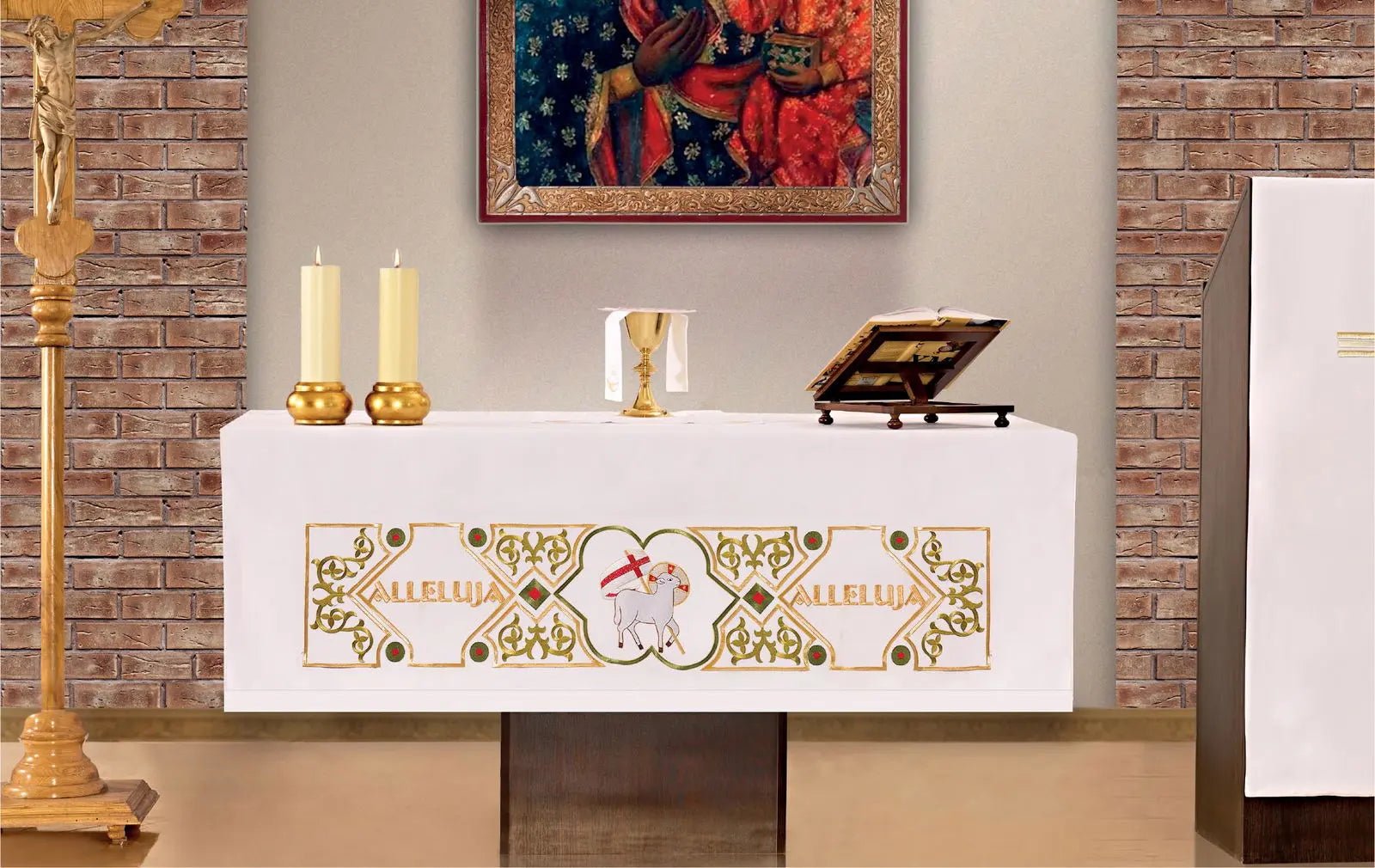Nappe d'autel avec broderie frontale motif peau d'agneau