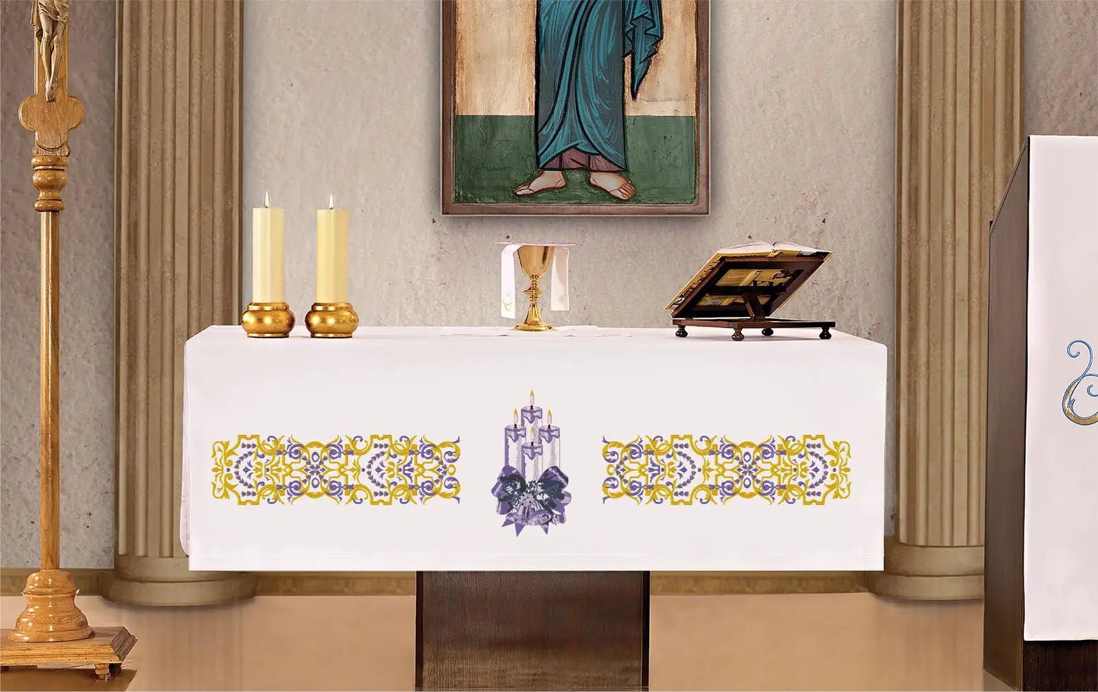 Nappe d'autel avec broderie de couronne de l'Avent