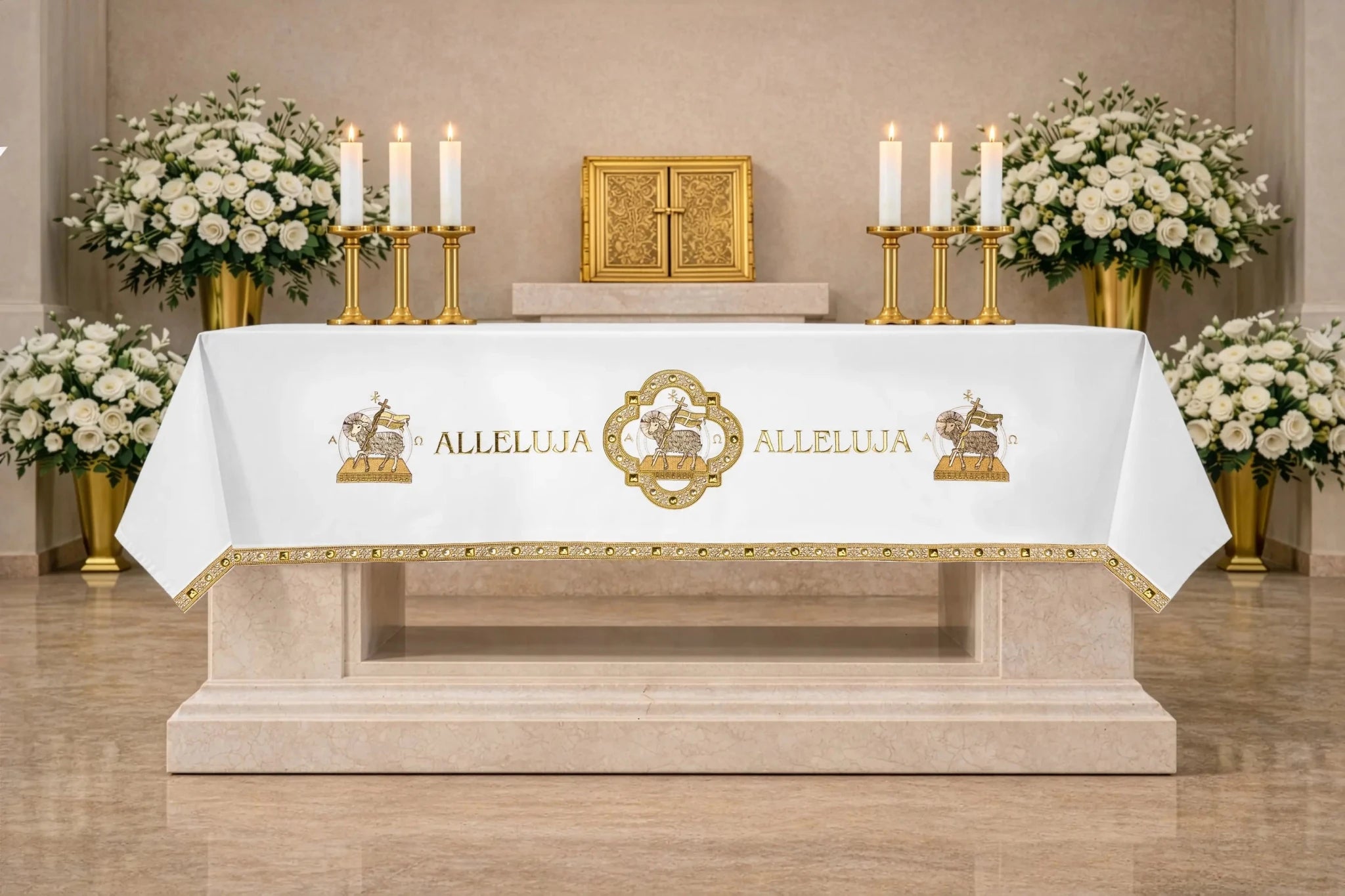 Nappe d'autel de Pâques avec broderie de l'Agneau pascal et Alléluia